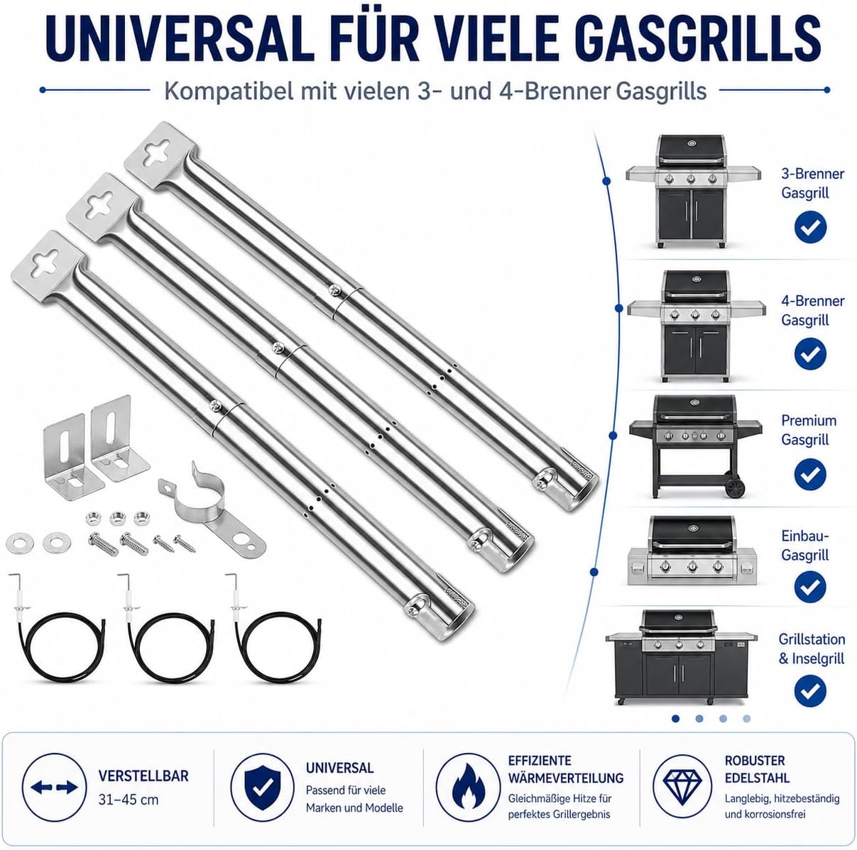 Detalle 2 de Uniflasy Universal Gasgrill Brenner 31–45 cm – 4 Stück