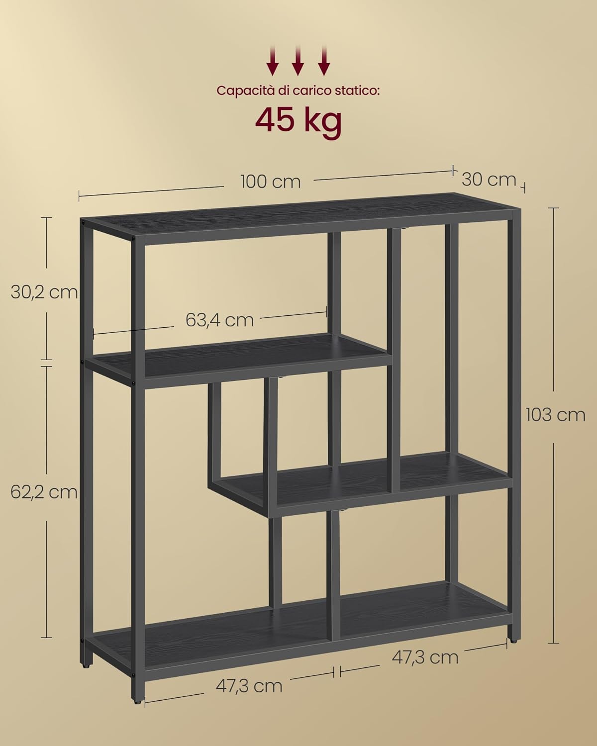 Detalle de VASAGLE Libreria a 4 ripiani LLS134B56 – 30 x 100 x 103 cm, nero ebano e inchiostro