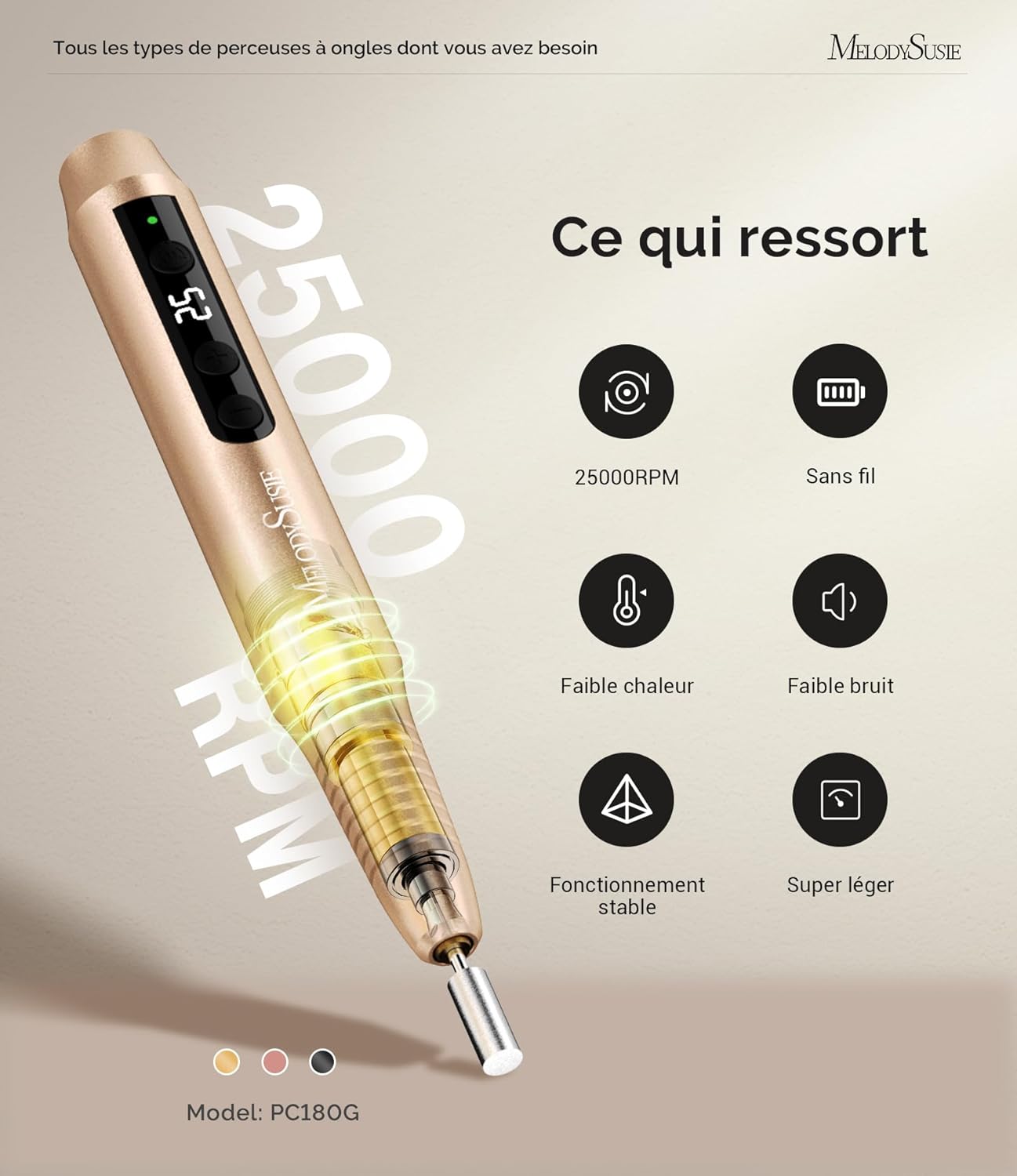 Detalle de MelodySusie Ponceuse pour Ongles Professionnel Sans Fil PC180G Lime Doré — 25000 tr/min, LED et écran, kit mani/pedi