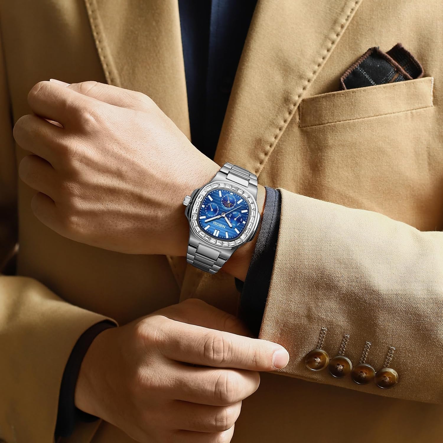 Detalle de NIBOSI Herren Analoge Quarzuhr mit Chronograph, Mondphase und Diamantlünette – Edelstahl, Roségold/Silber