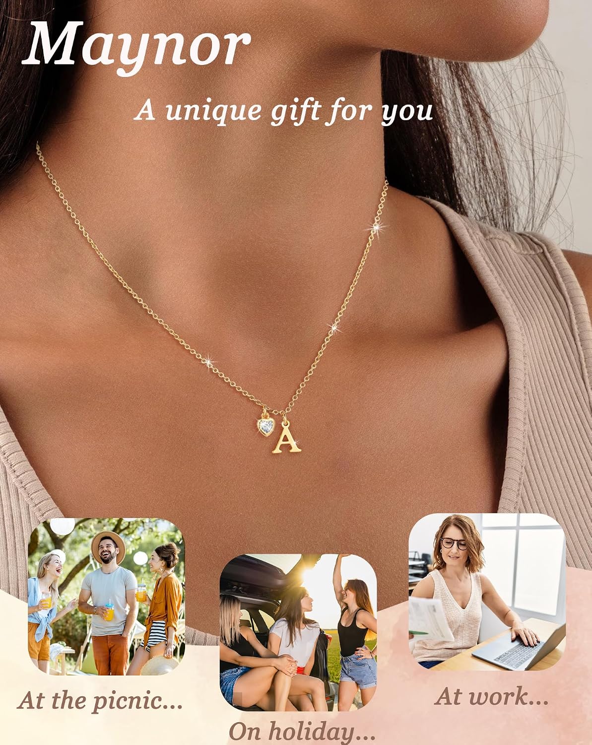Detalle 2 de Maynor Gold Damen Buchstaben Kette mit Herzanhänger – Initialen A–Z, 18K Vergoldet, 42 cm + 5 cm Verlängerung