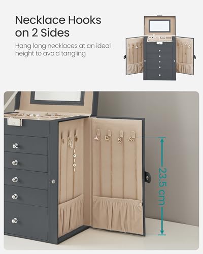 Detalle 2 de SONGMICS Large Jewellery Box, 6 Tiers, 5 Drawers, Lockable with Mirror