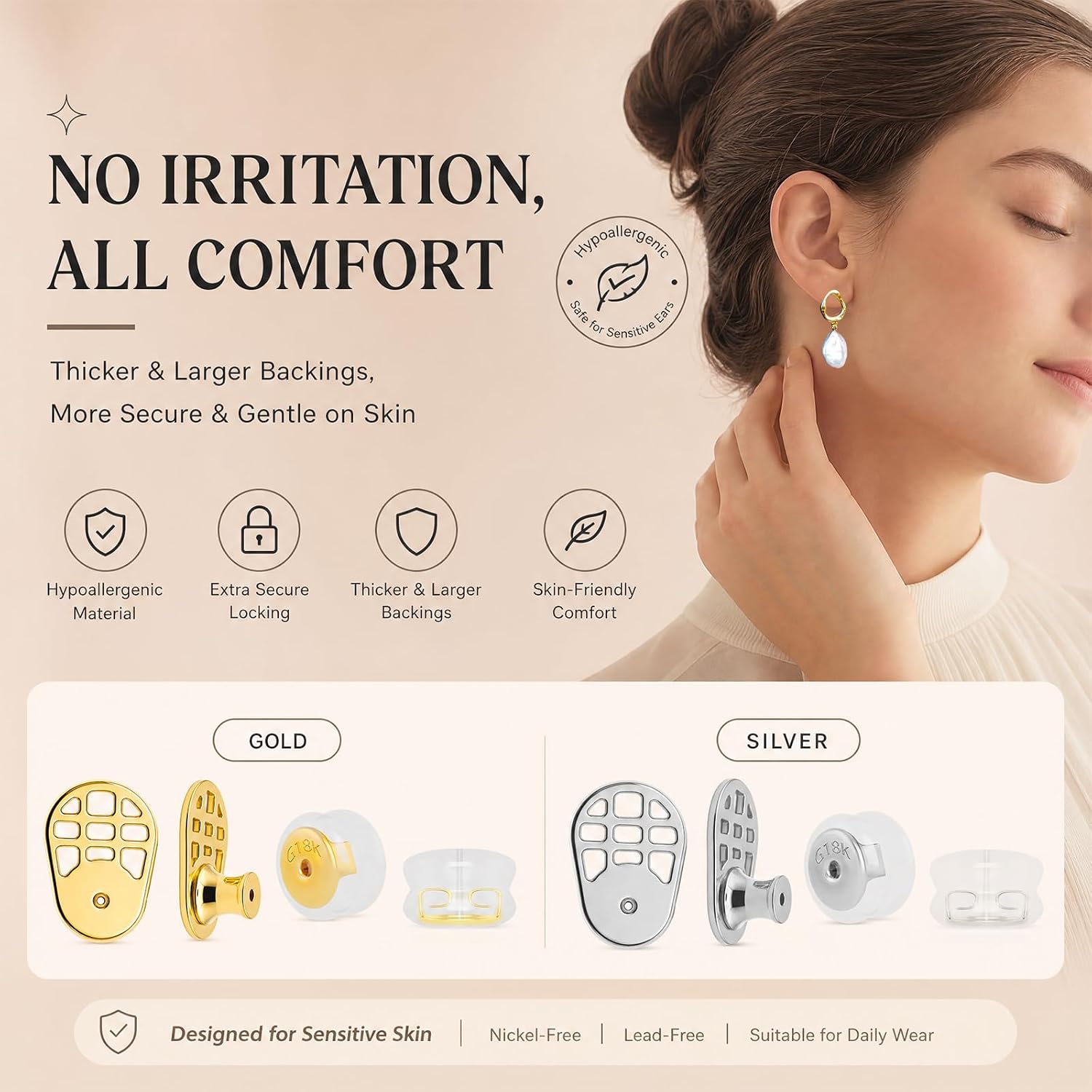 Detalle 2 de JUNCHONG JC-earring backs for droopy ears-D01 Racquet-Shaped Earring Backs