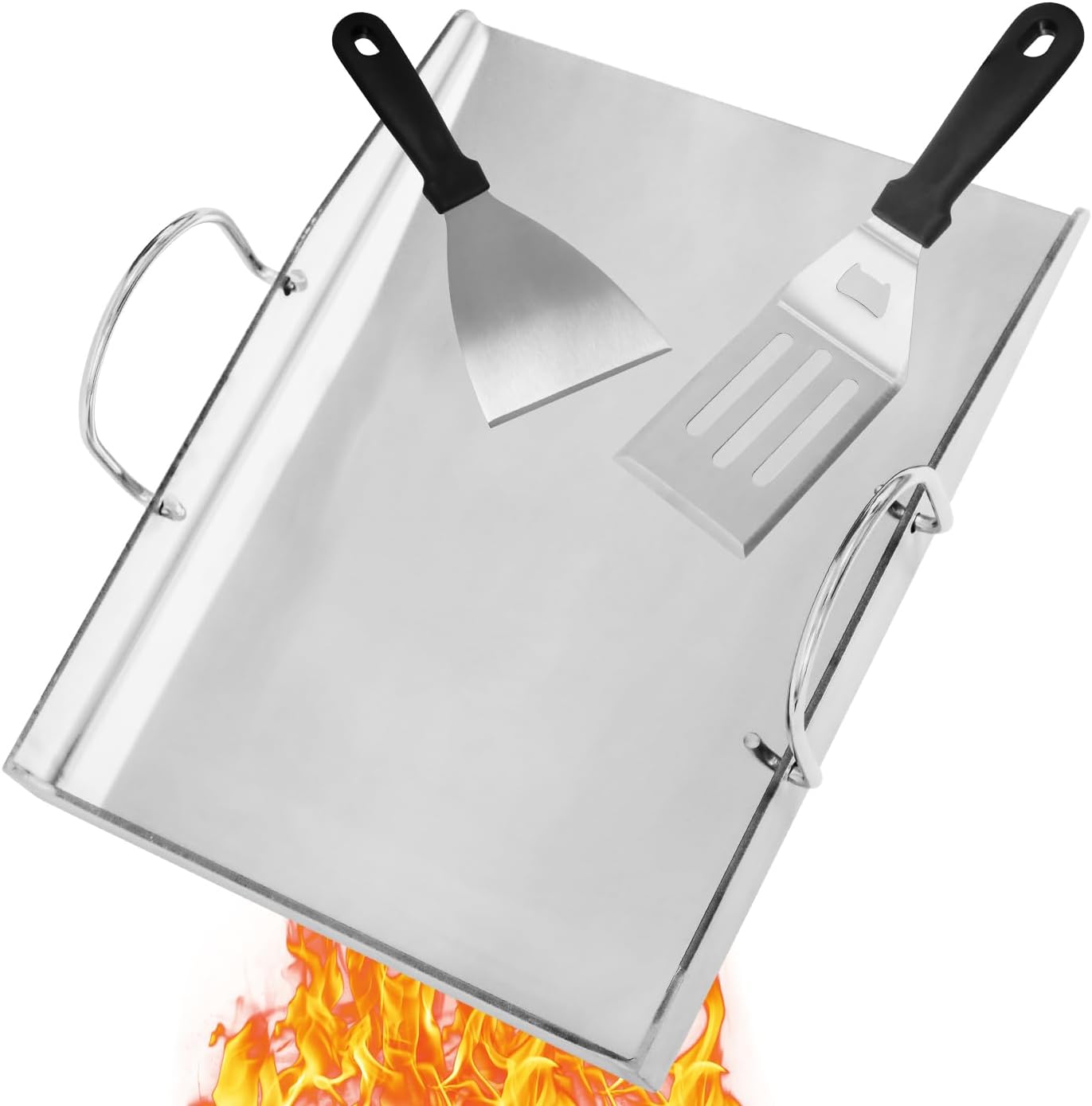 COGRICHBF Universelle Edelstahl Plancha Grillplatte mit 2 Grillspachteln – 40 x 30 cm, 4 mm Stärke