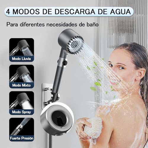 Detalle de Alcachofa de Ducha de Alta Presión Searoads: 4 modos, filtro 3 capas y manguera de 1,5 m