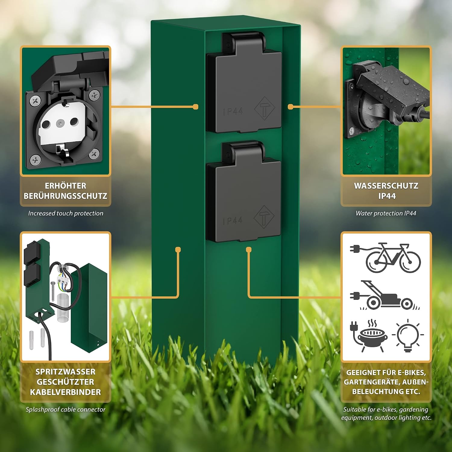 Detalle 2 de Colonnina da giardino LEDScom.de con 2 prese POMI esterno, IP44, acciaio inox, verde, 23 cm