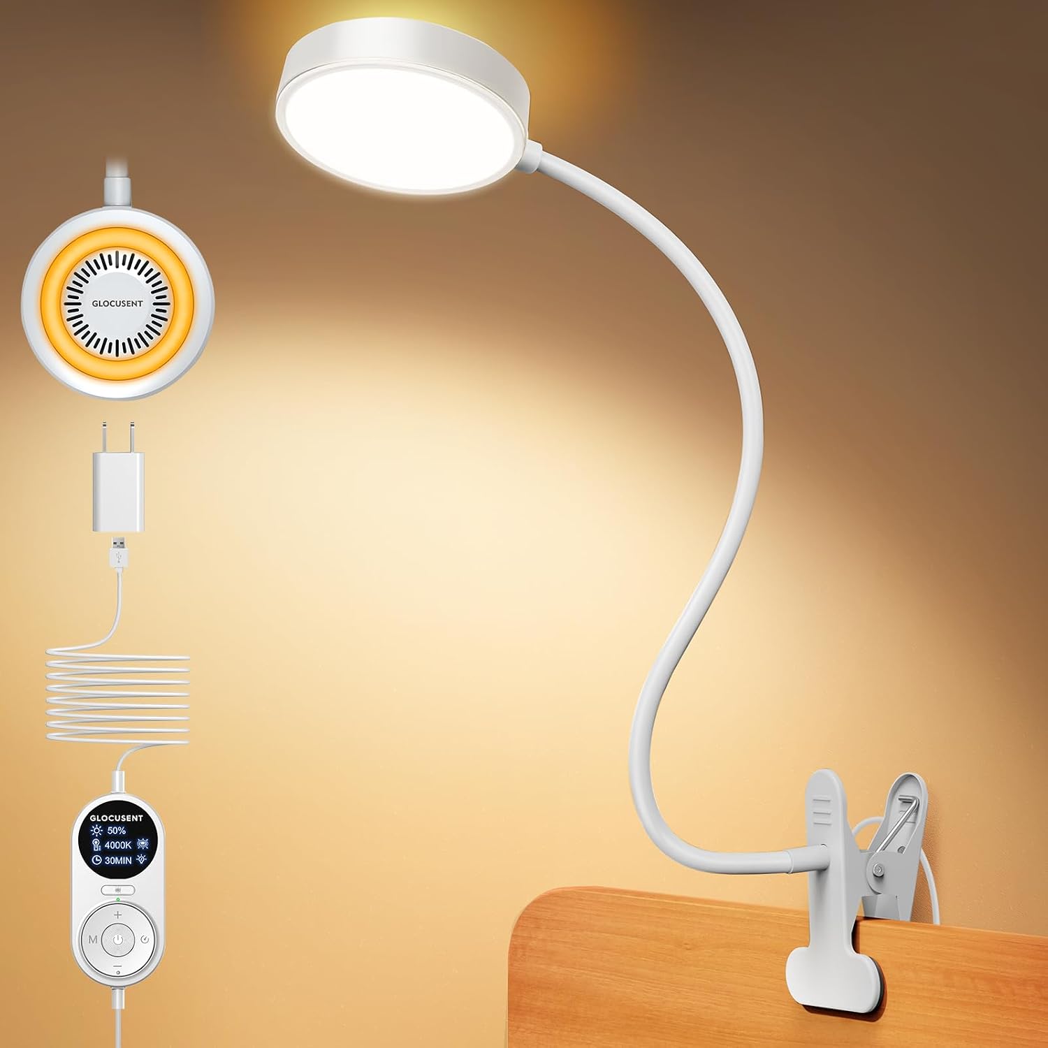 Detalle de Glocusent A31 klemlamp met 72 leds, 360° zwanenhals en timer