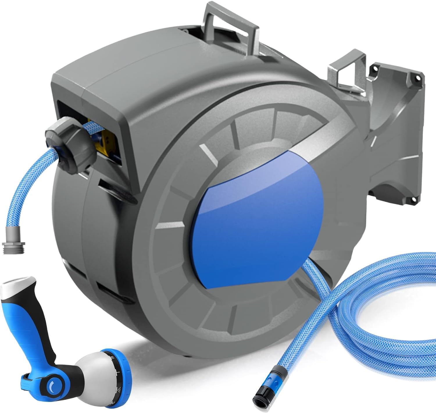 Detalle de Retractable Hose Pipe 1/2" x 30m + 2m Wall Mounted Hose Reel with 10 Patterns Nozzle, Lock Any Length, 180°Swivel, Automatic Slow Rewind System