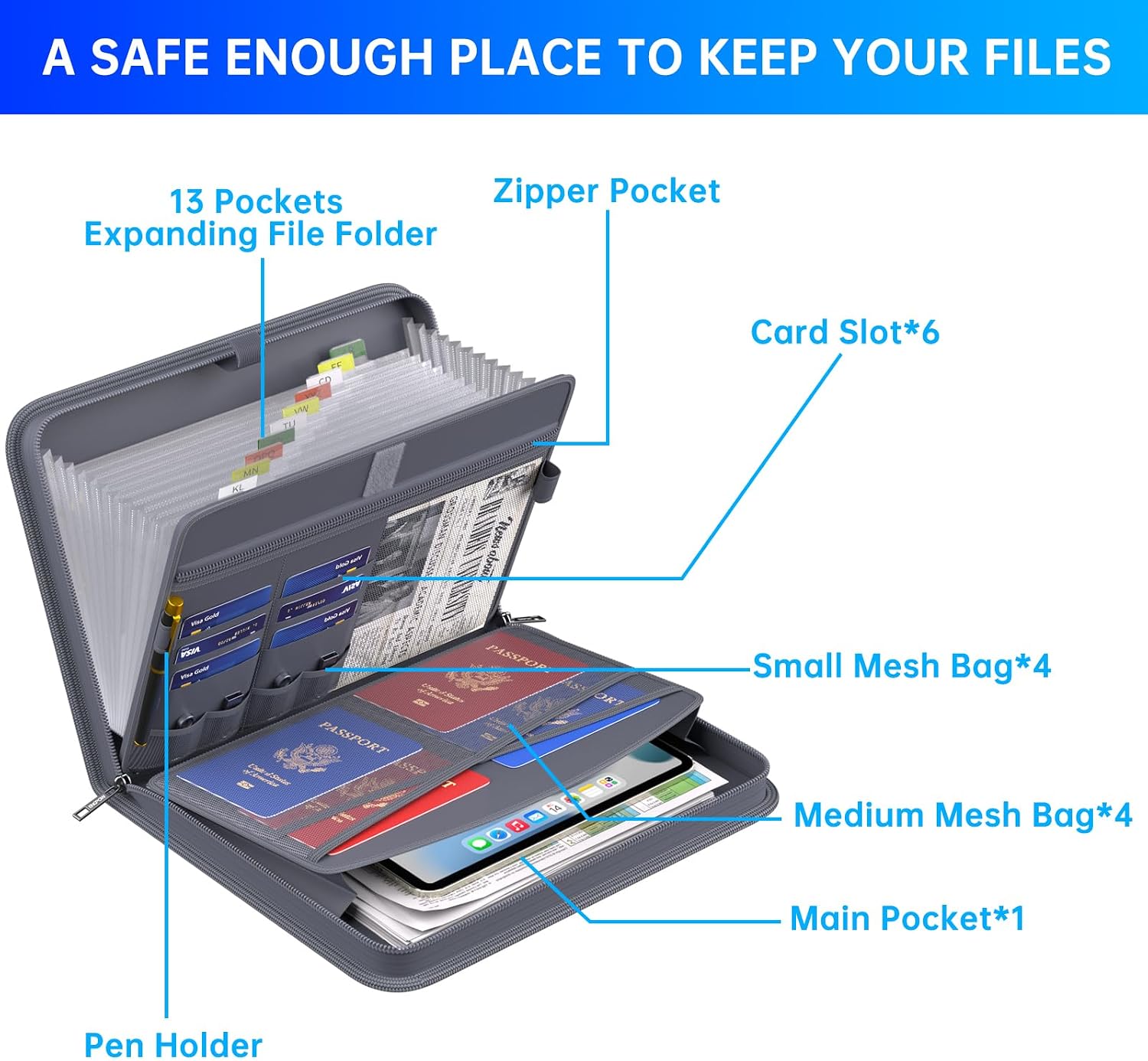 Detalle 2 de ENGPOW EG082 Accordion File Organizer, 13 Pockets, A4, Fire- and Water-Resistant