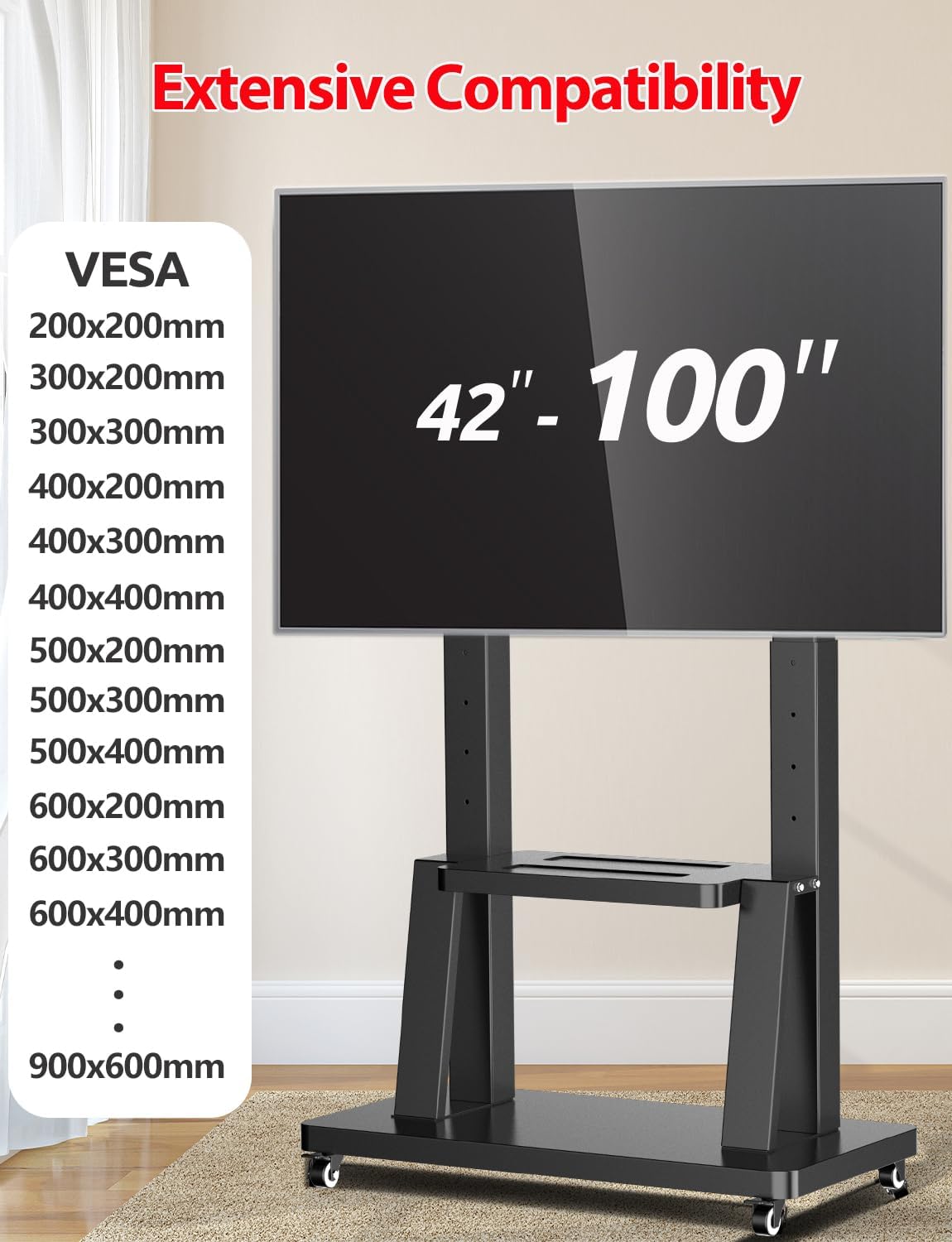Detalle de JXMTSPW Mobile TV Stand on Wheels for 32–100 inch Displays