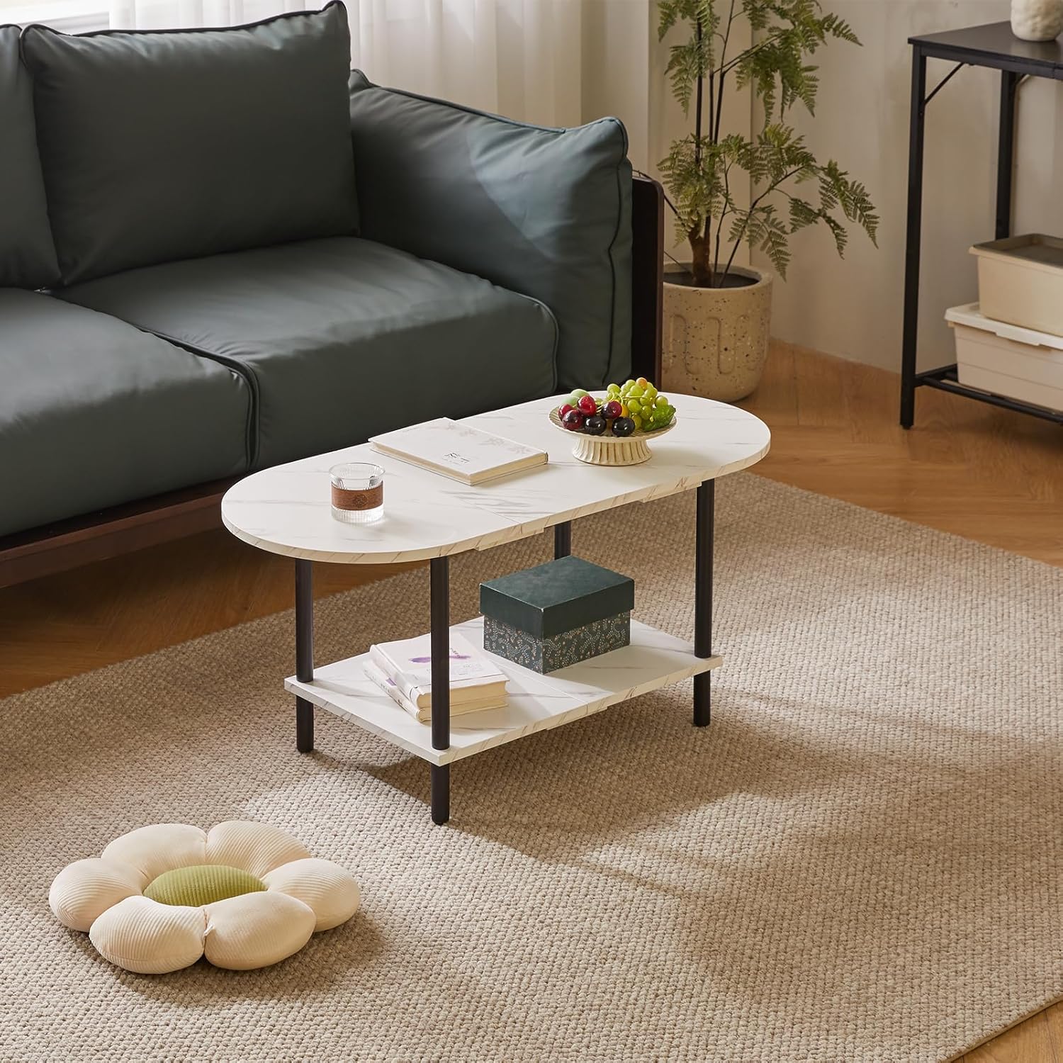 Thumbnail 5 de Aibiju Couchtisch YD-011M – kleiner Wohnzimmertisch mit ovaler Platte, 2-stufigem Stauraum und Holzbeinen