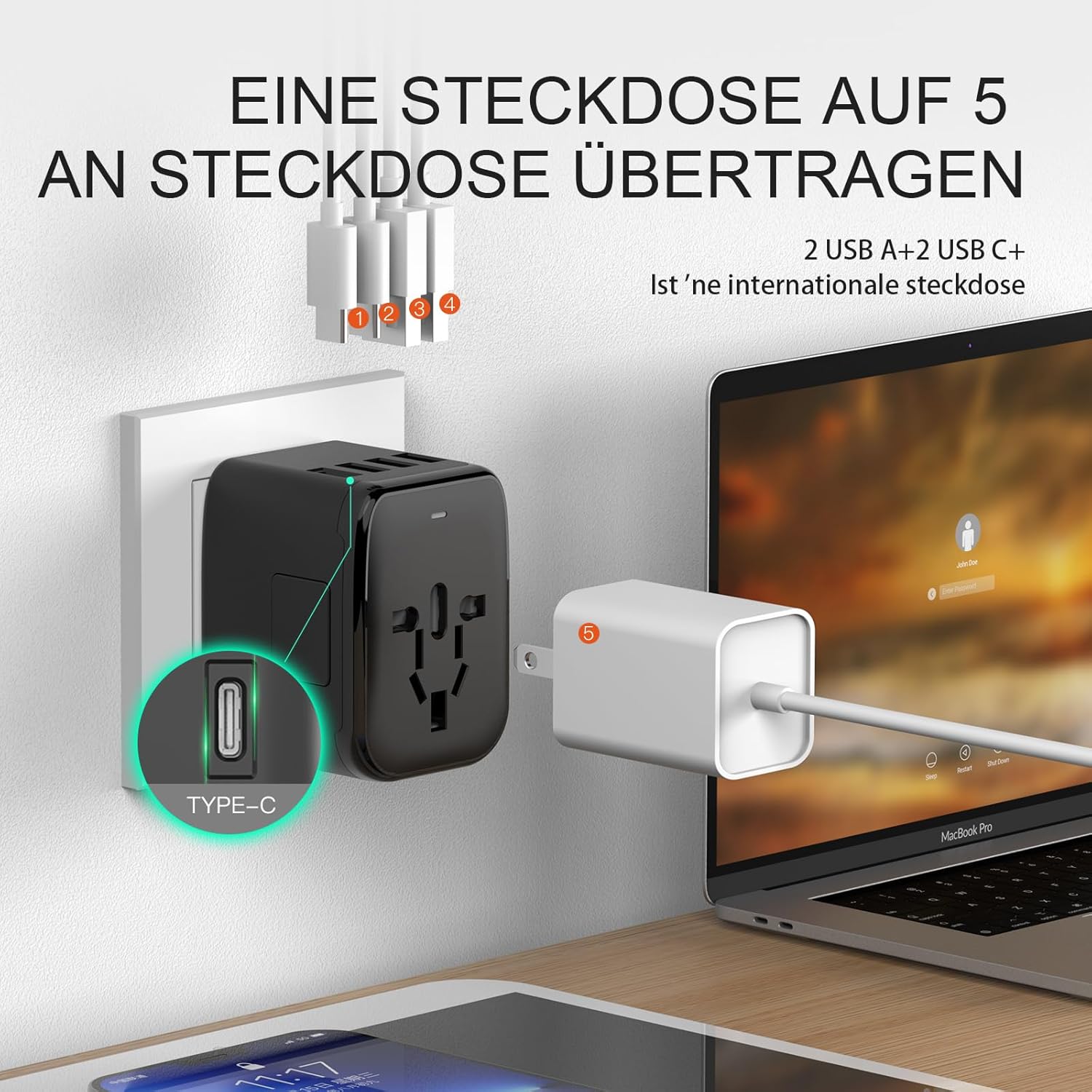 Detalle 2 de VYLEE Reiseadapter Weltweit – 5-in-1 Universalstecker mit 2 USB-A und 2 USB-C
