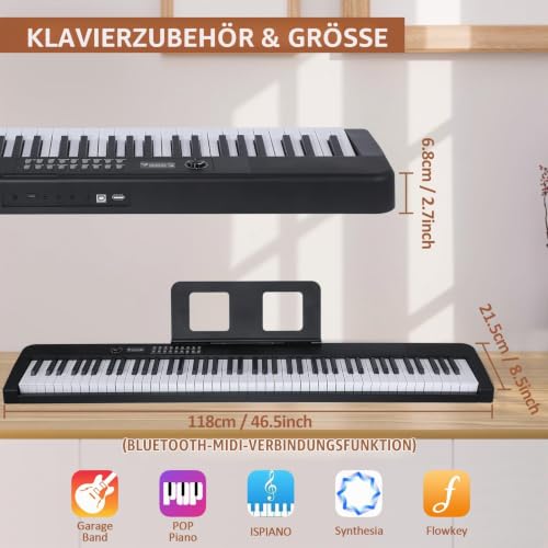 Detalle de Klaviertastatur mit 88 Tasten von Bfhdbdt – Semi-gewichtete Tasten, inkl. Ständer, Tragetasche und USB‑MIDI