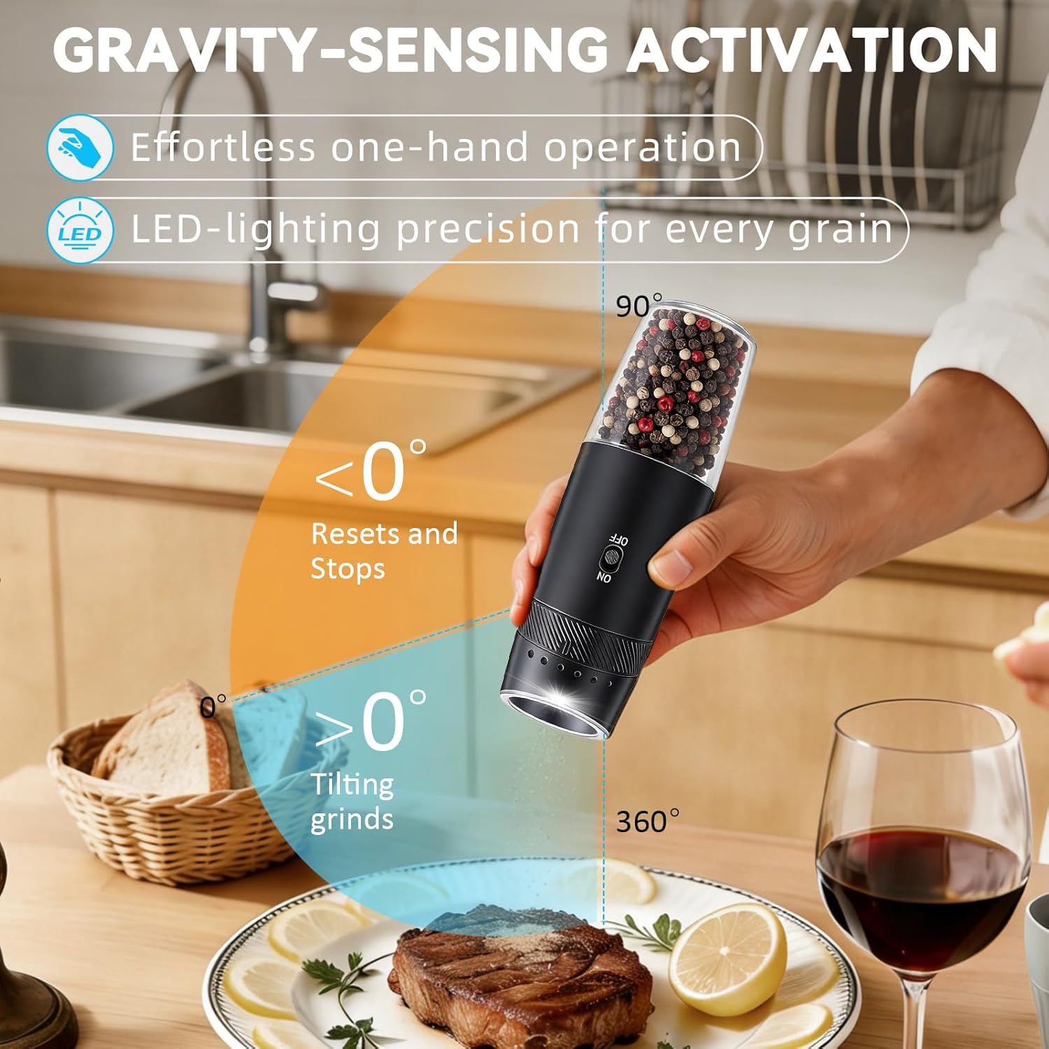 Detalle de Gravity Electric Salt and Pepper Grinder Set with USB-C Rechargeable Battery – 2 Pack
