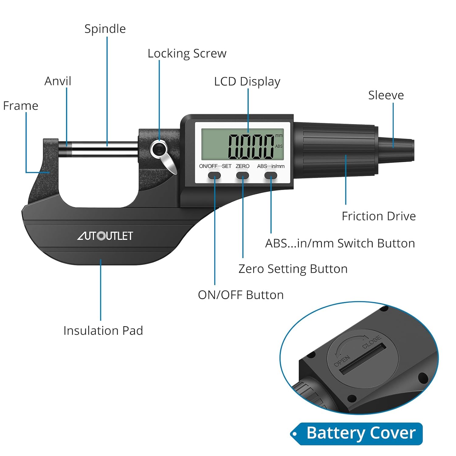 Detalle de AUTOUTLET 0~25mm/0-1" External Micrometer with Stainless Steel Anvil — Digital Precision for Professionals
