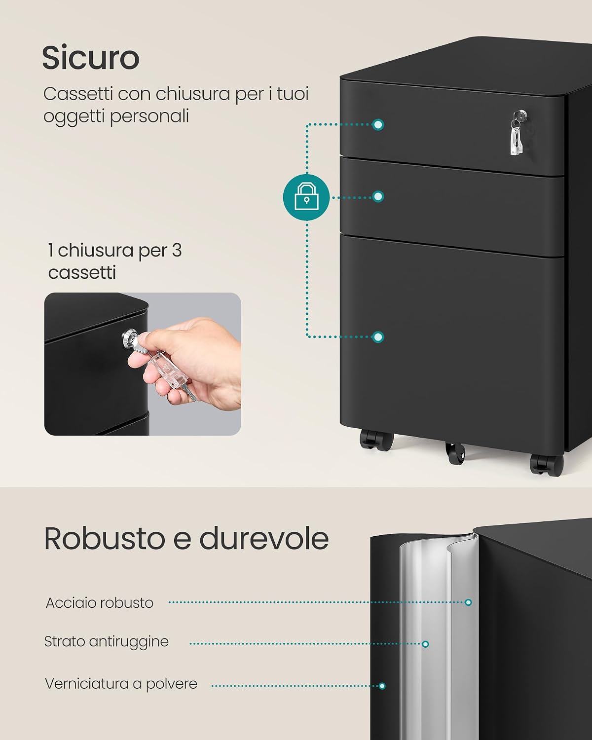 Detalle de SONGMICS Cassettiera da Ufficio in Acciaio BEREND OFC032B101 – 50 x 39 x 59 cm, Nero Opaco