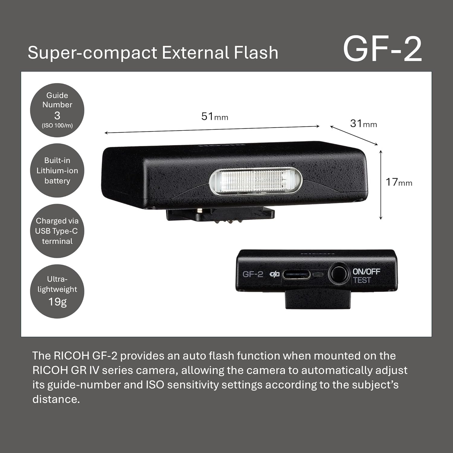 Detalle de Ricoh Compact Blitz GF-2 für Ricoh GR IV – kompakter Systemblitz mit USB‑C
