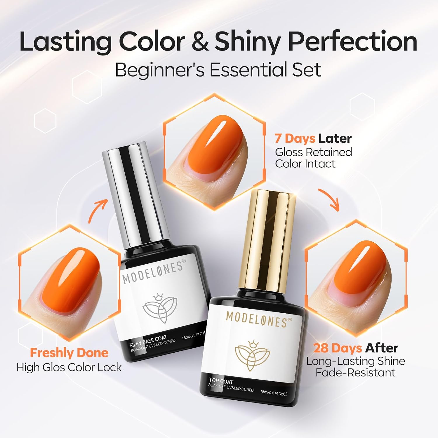 Thumbnail 6 de modelones Gel Nail Polish Top Base Coat Set (Silky Base + Extra Glossy No Wipe Top Coat), Clear Gel, 15 mL