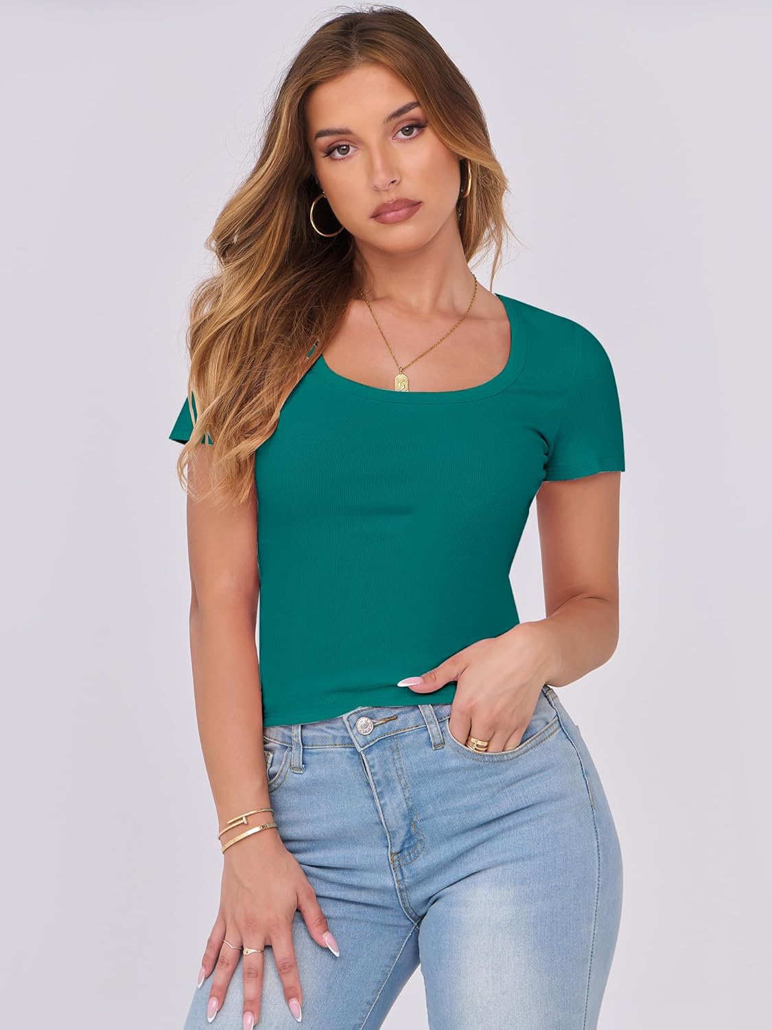 Thumbnail 1 de DUOEASE Damen T-Shirt Sommer Basic Stretch U-Ausschnitt Slim Fit