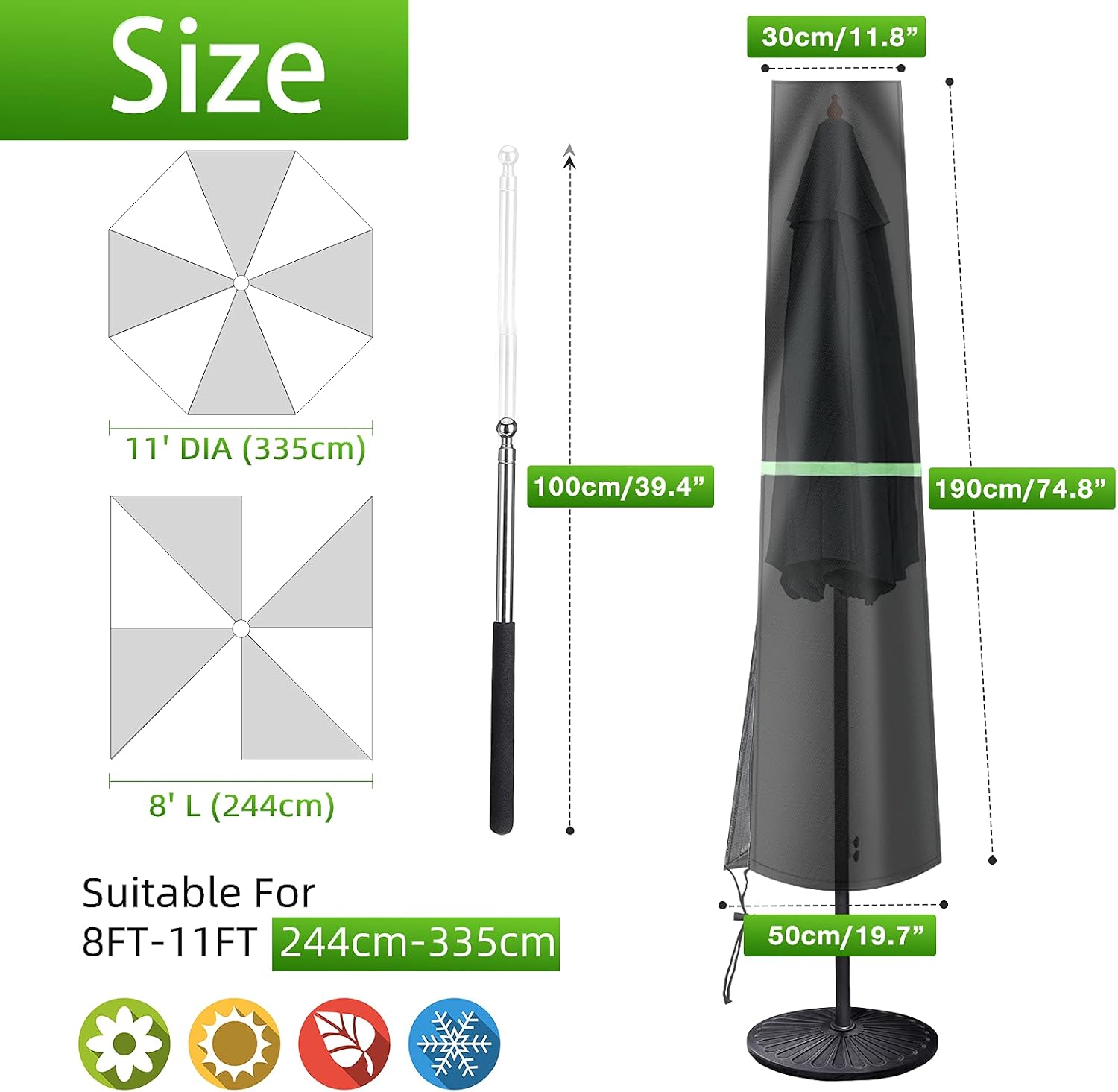 Detalle 2 de Cantilever Parasol Cover 190x30/50cm (Black) ☂