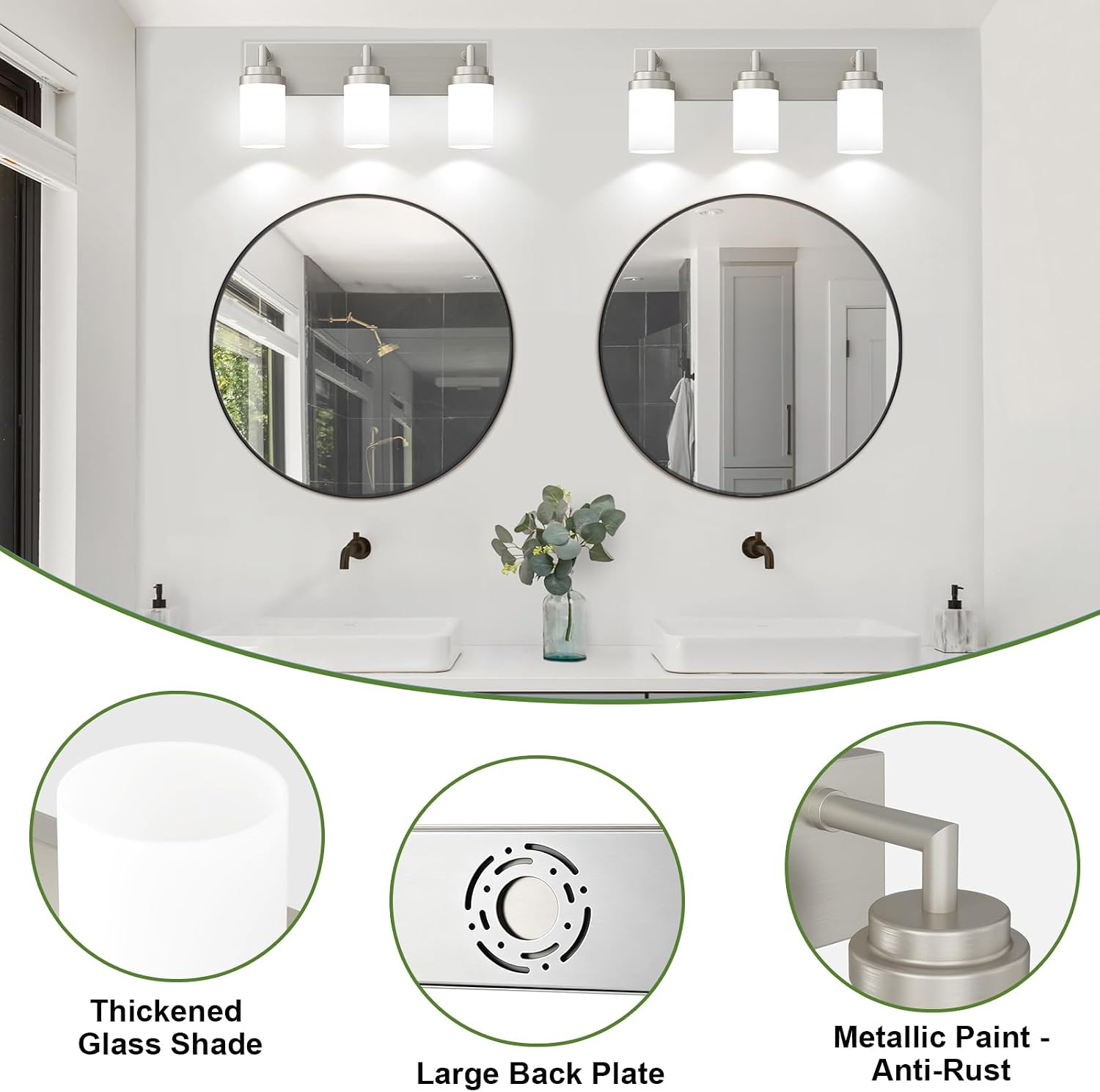 Detalle de LKHF Vanity light 3-Light Bathroom Vanity Fixture, Brushed Nickel, White Glass
