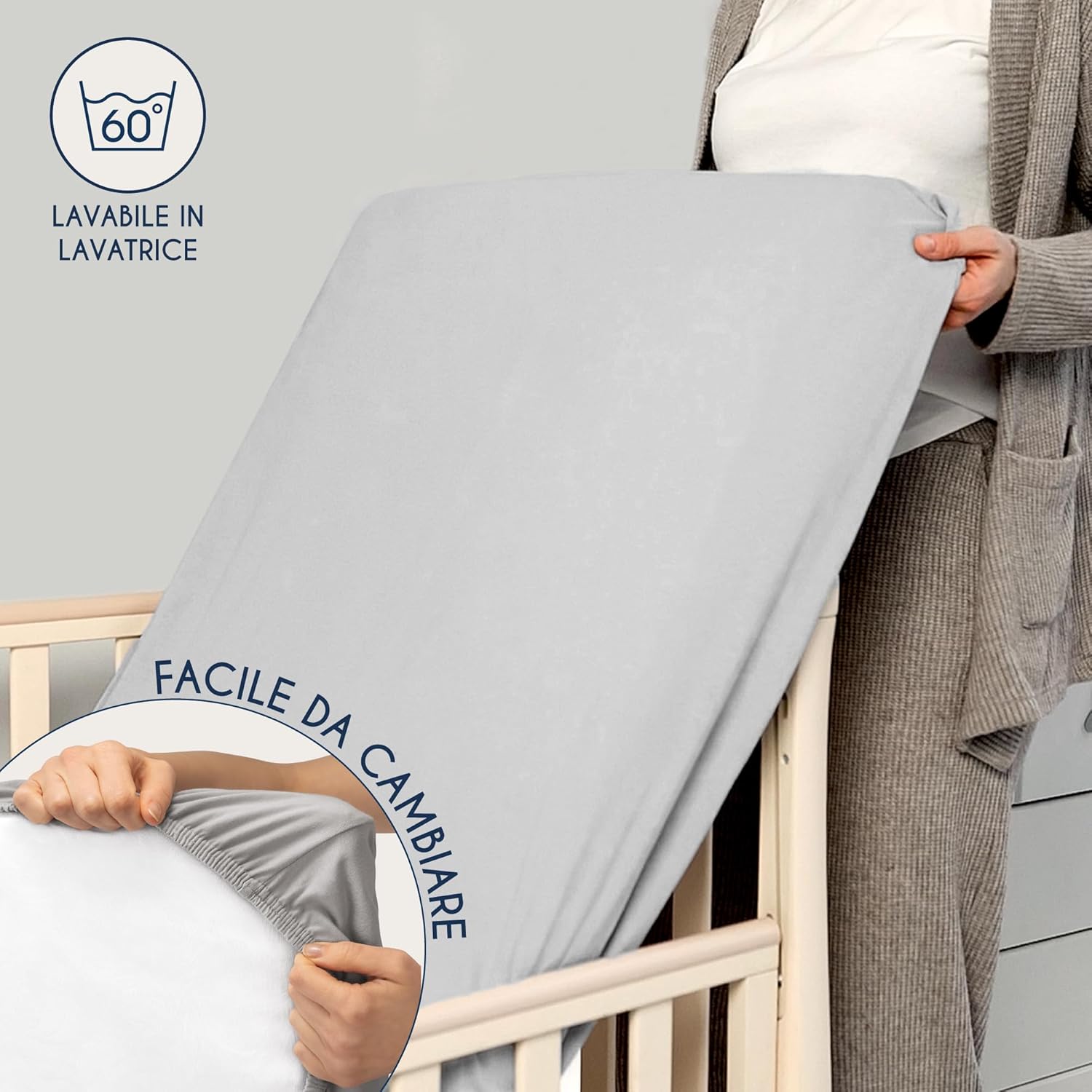 Detalle 2 de Dreamzie – Set 2 Lenzuoli con Angoli in cotone per lettino neonato 60x120/70x140, OEKO-TEX, grigio