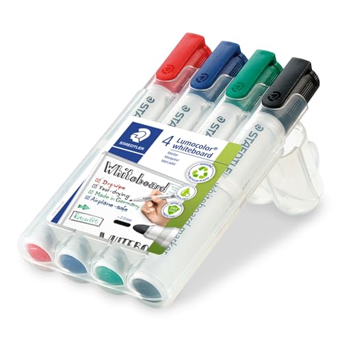 Detalle de Staedtler 351 WP4 Lumocolor: rotuladores para pizarra blanca, 4 colores, Dry Safe y recargables