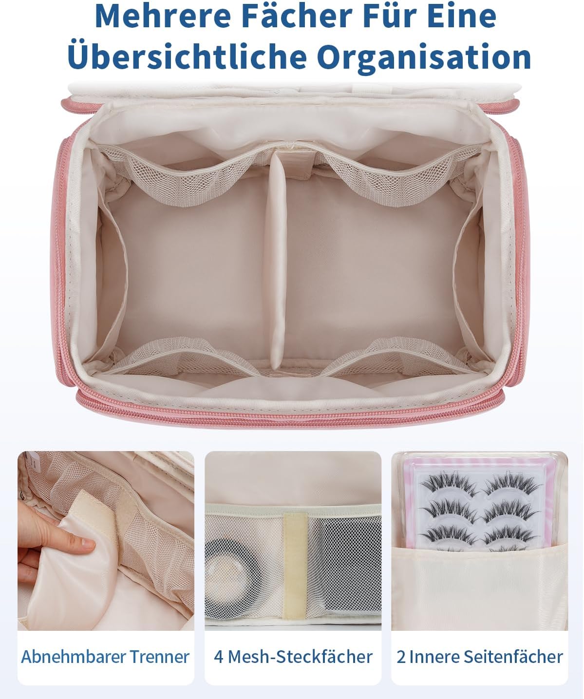 Detalle de WANDF Reise-Kulturbeutel für Damen – weit geöffnete Kosmetiktasche mit Griff, Rosa (29 x 16,5 x 19 cm)