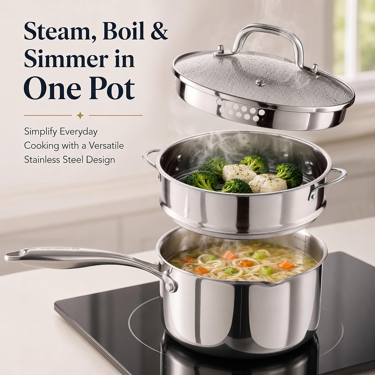Detalle de Cyrosa Tri-Ply Stainless Steel Pot with Steamer, 2.5 QT, Glass Lid