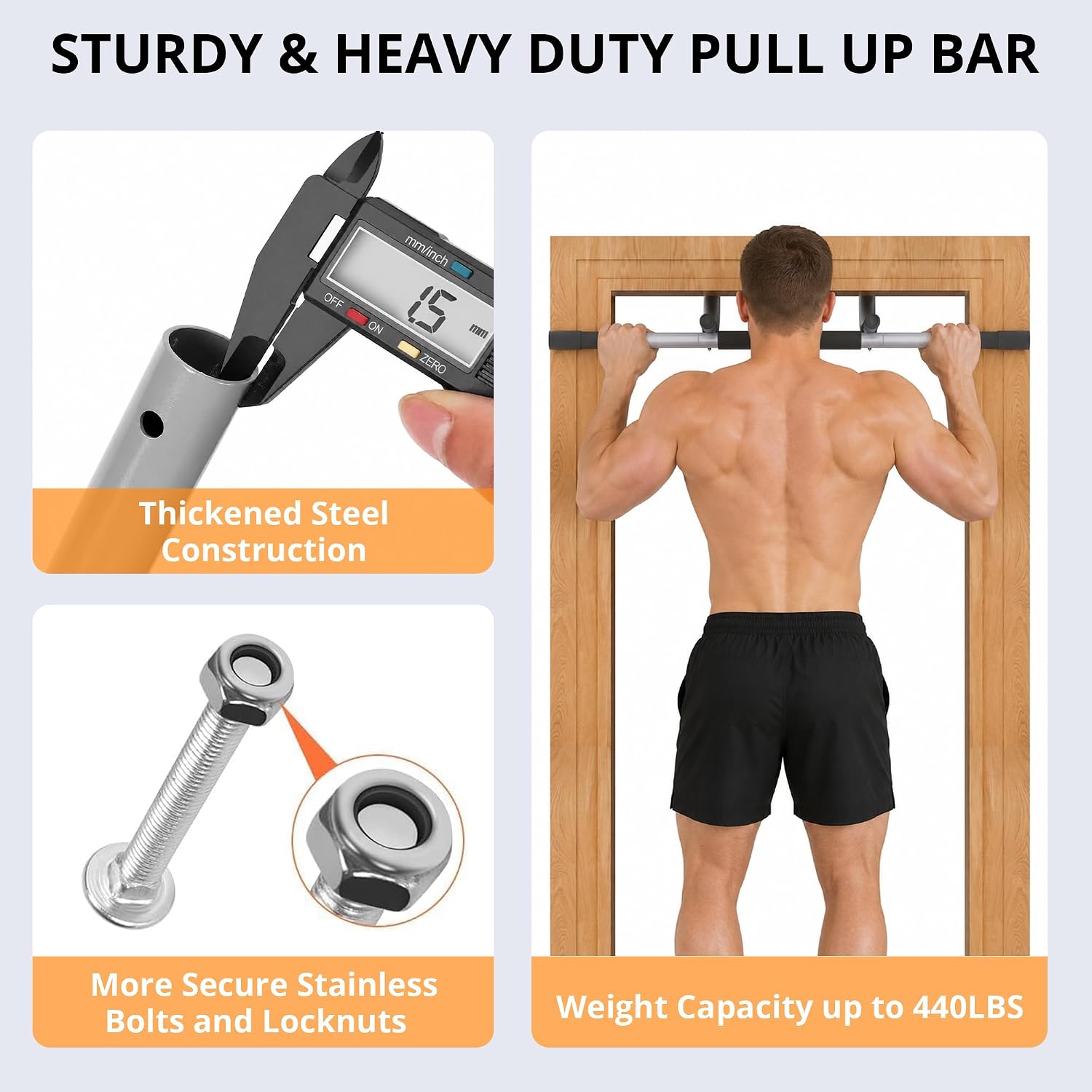 Detalle de MOMODA wb01 Doorway Pull-Up Bar, Alloy Steel, Three Grip Positions, 440 lb Capacity