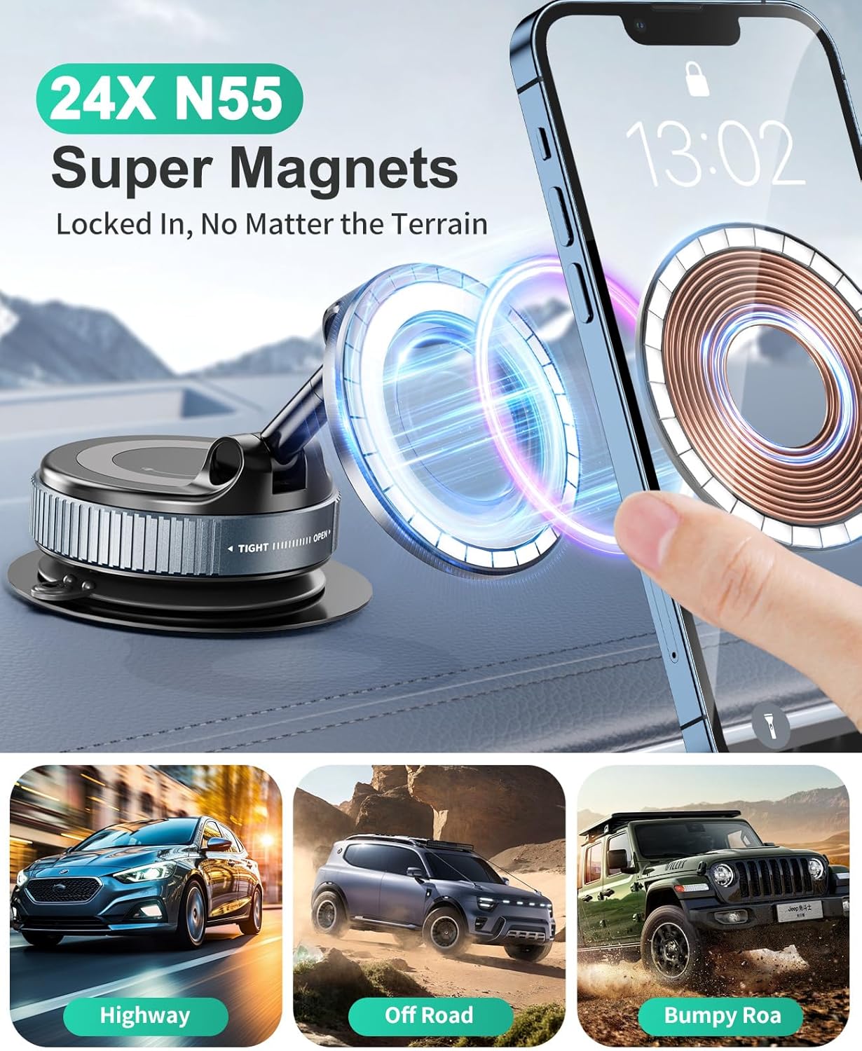 Detalle 2 de 2026 Magnetic Suction Phone Mount for MagSafe – 360° Adjustable Vacuum Suction Car Holder (Black)