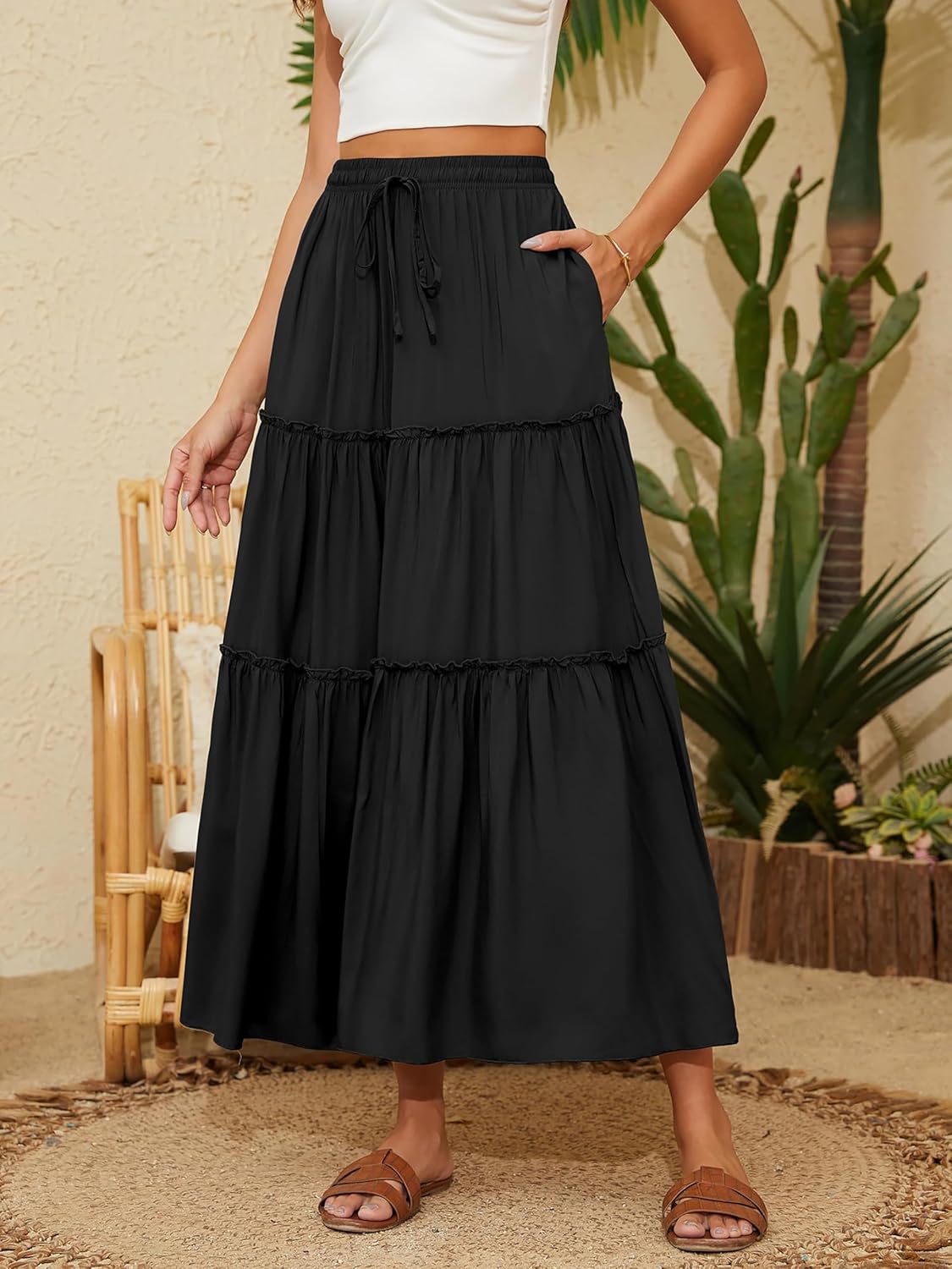 Detalle de Timuspo Women's Maxi Skirt with Pockets – Boho Flowing A-Line, High Elastic Waist