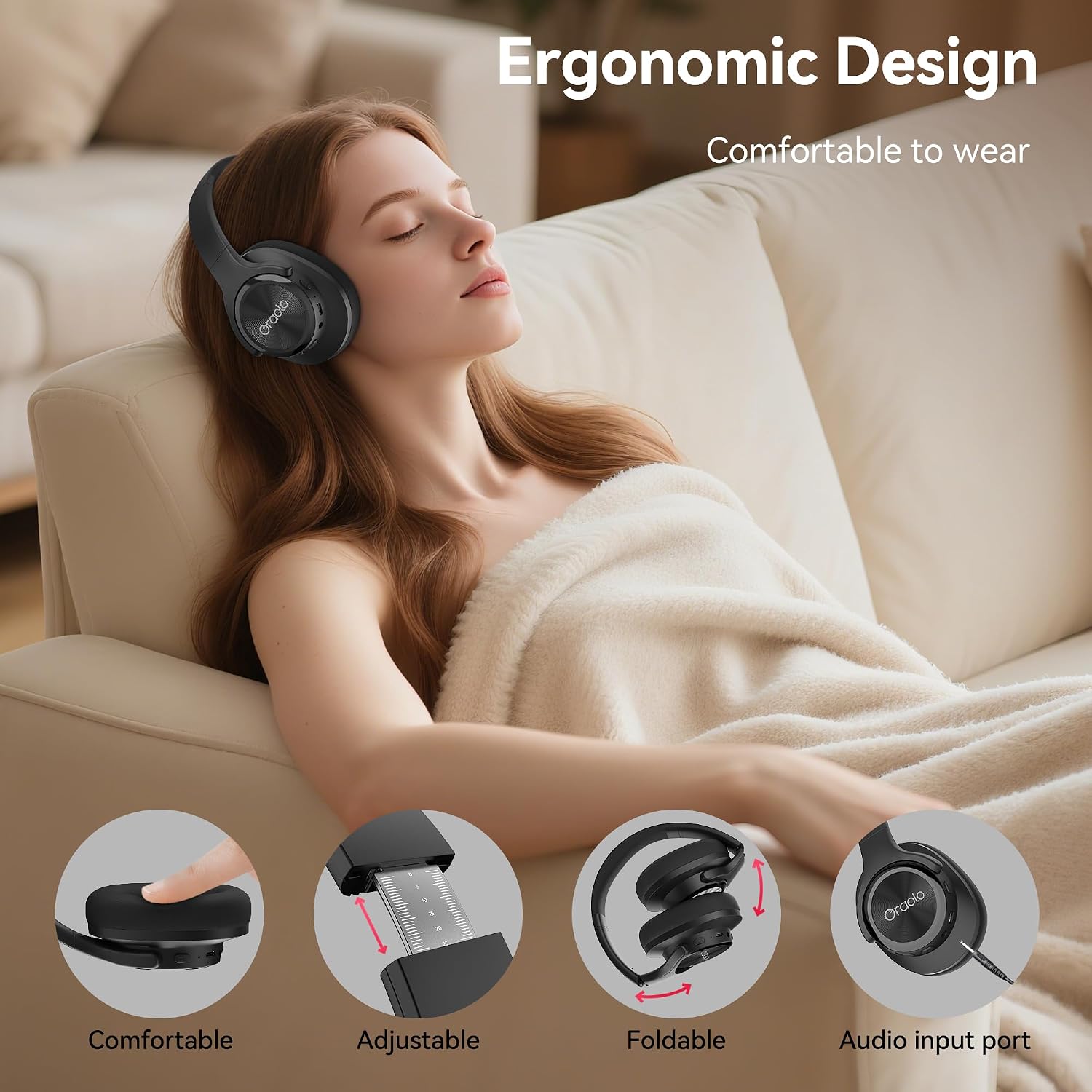 Detalle 2 de oraolo Bluetooth Headphones: Wireless Over-Ear, 60-Hour Battery, Foldable Comfort