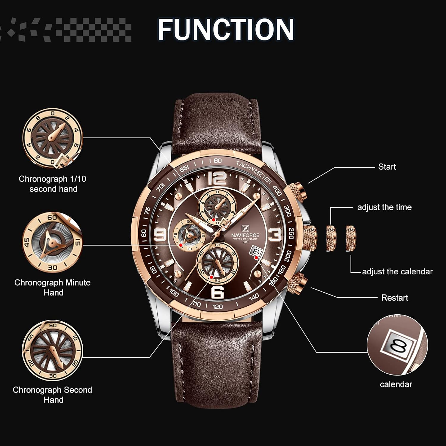 Detalle de Naviforce Orologio sportivo cronografo analogico al quarzo da uomo con cinturino in pelle