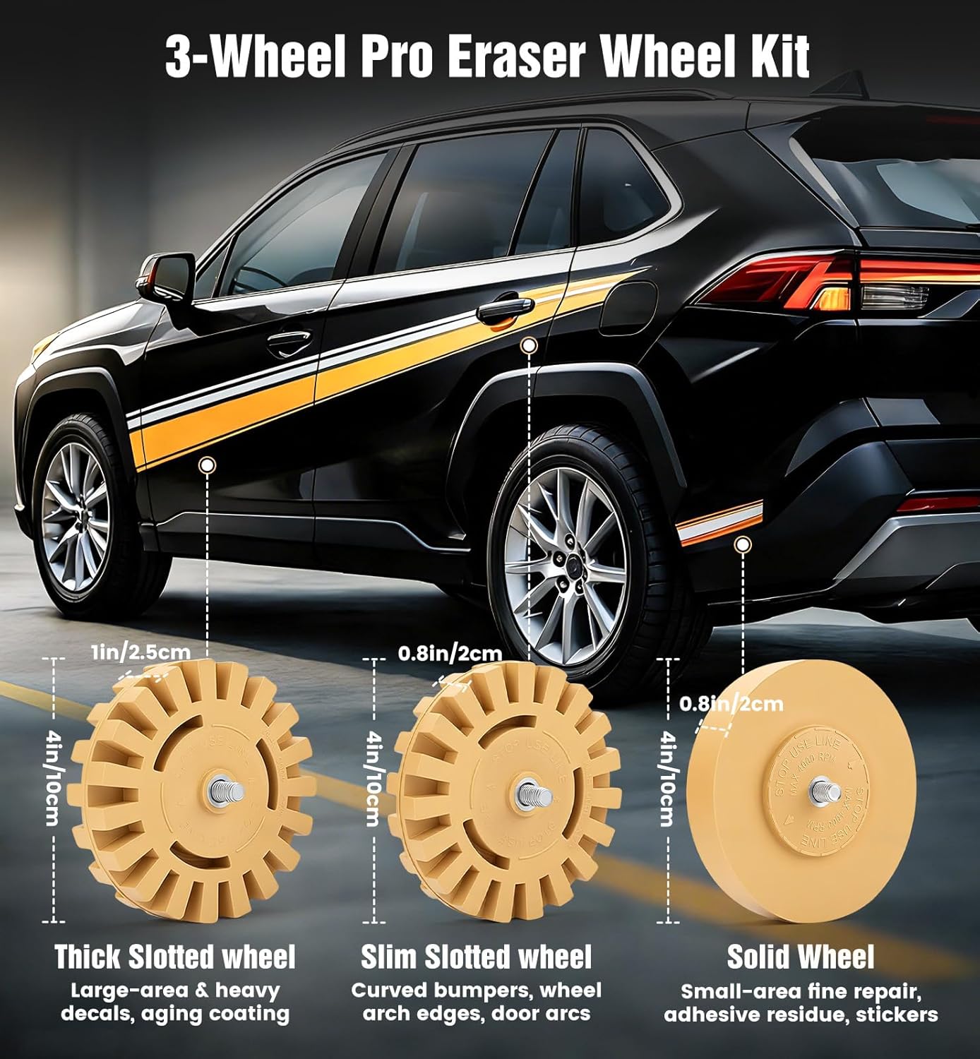 Detalle de OrbitShell Eraser Wheel Decal Remover Tool Kit with Rubber Wheels, Razor Scrapers & Drill Adapters