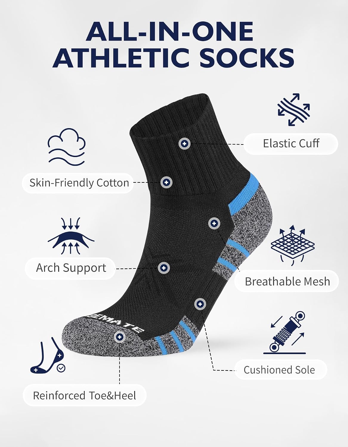 Thumbnail 1 de CLOSEMATE DT07 Men’s Cushioned Quarter Ankle Sports Socks, 6 Pairs