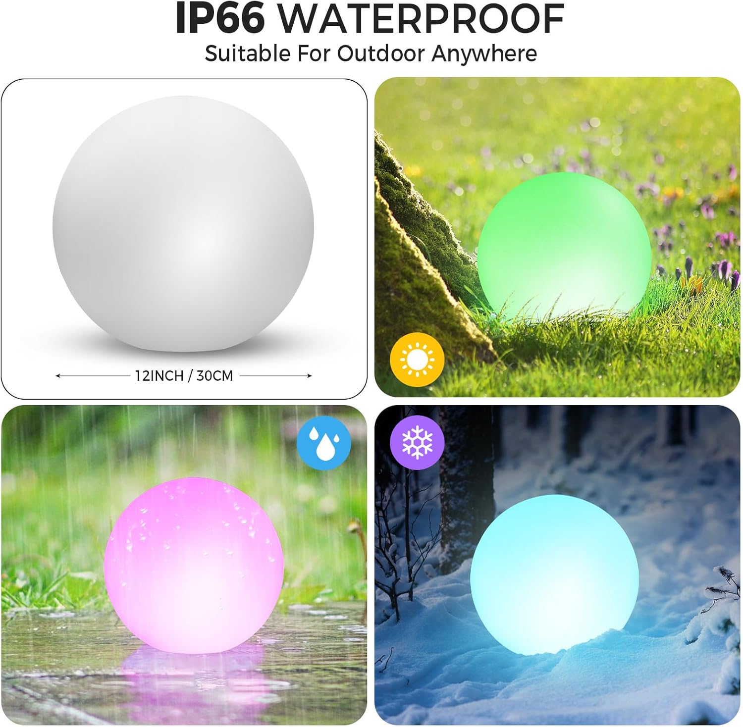 Thumbnail 2 de 2er-Set WRGB Solarleuchte Kugel 30 cm – Fernbedienung, 16 Farbwechsel, IP66, USB-C/ Solaraufladung