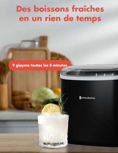 Detalle de KitchenBrothers Machine à Glaçons Professionnelle – Glace pilée portable 12 kg/24h, 9 glaçons par cycle