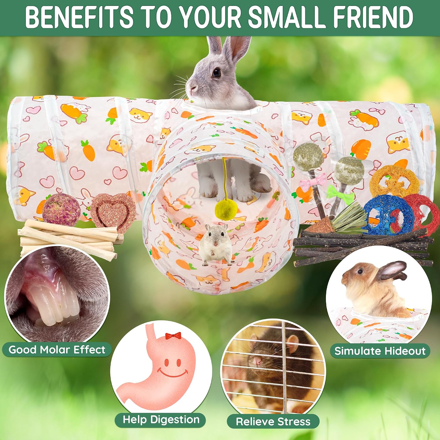 Detalle de LECHONG 42-in-1 Box Natural Rabbit Toys with Collapsible Tunnel Set (chews & hideout for rabbits and small pets)