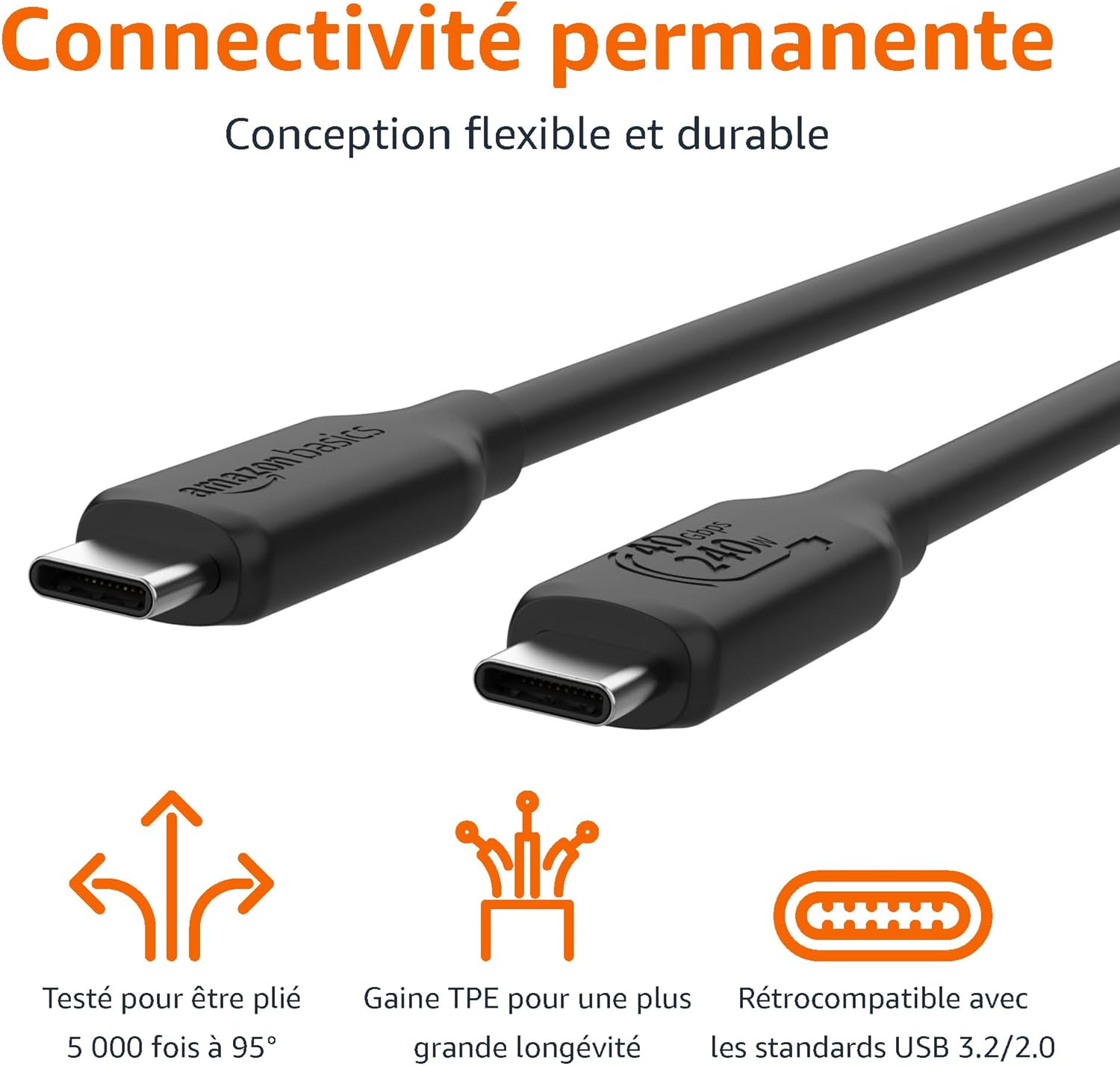 Detalle de Amazon Basics Câble USB‑C vers USB‑C 4 (Thunderbolt 4/3) 240 W, données 40 Gbit/s, vidéo 8K, 1 m noir