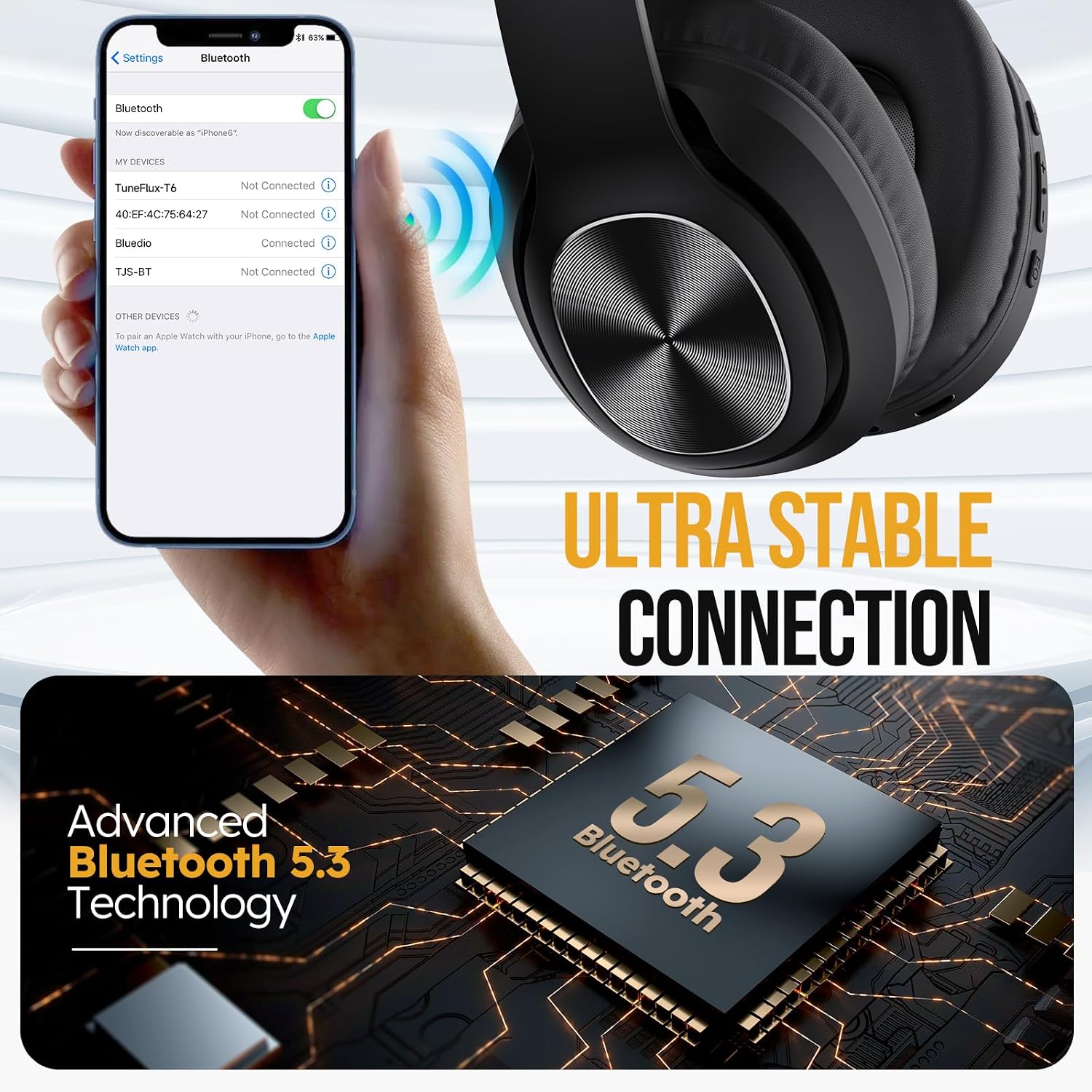 Detalle 2 de TuneFlux Wireless Bluetooth Headphones Over Ear 80H Playtime ⌛