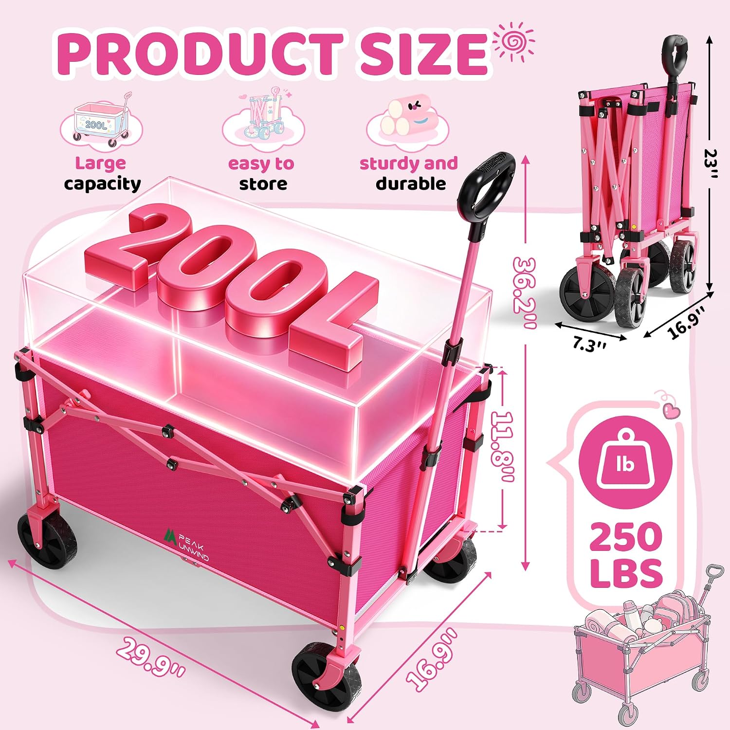 Detalle de PEAKUNWIND B303 Foldable Wagon Cart, 220 lb Capacity, Pink Alloy Steel
