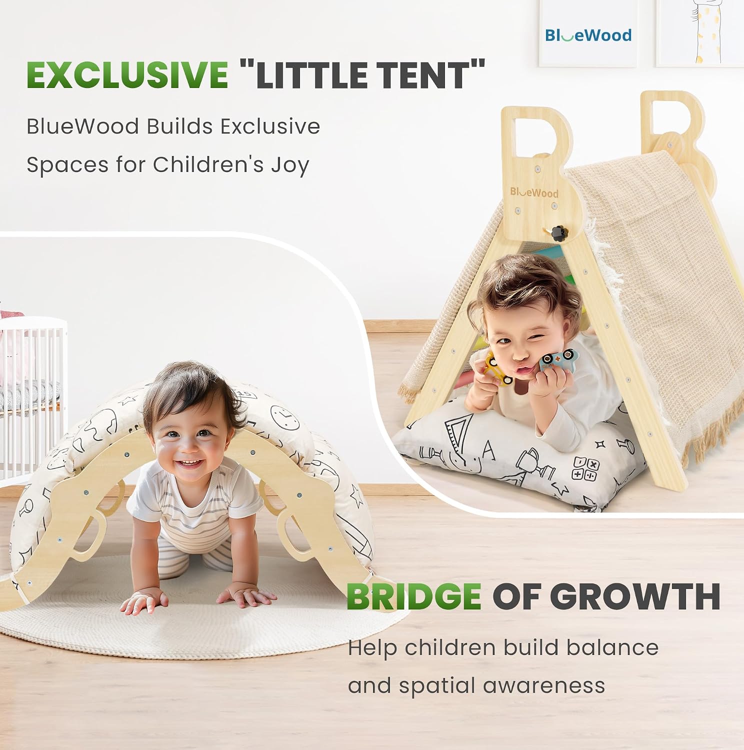 Thumbnail 1 de BlueWood Pikler Triangle Set with Cushion (8-in-1) – Montessori-inspired jungle gym for toddlers