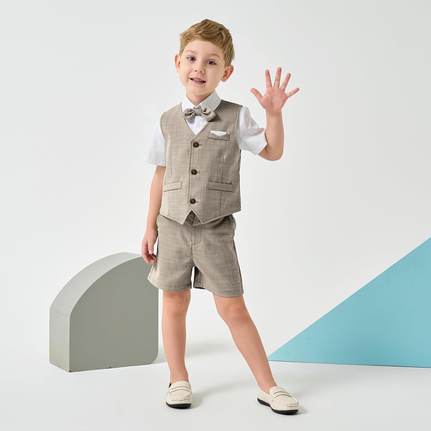 Thumbnail 1 de Volunboy 4‑teiliger Baby Jungen Hochzeitsanzug – Sommeranzug mit Hemd, abnehmbare Fliege, Weste und Shorts