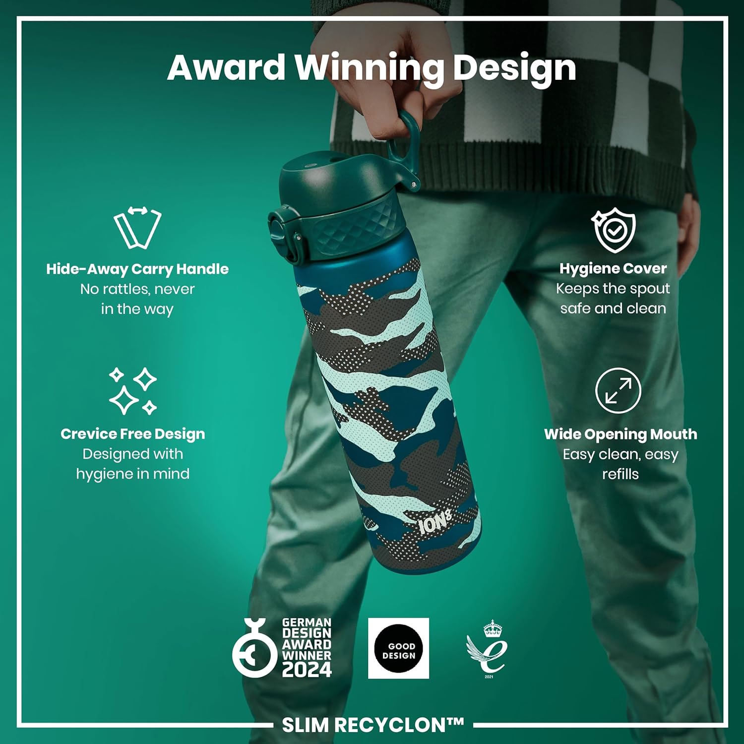 Thumbnail 6 de Ion8 Water Bottle 500ml/18oz – Slim, Leak-Proof, BPA-Free (Aqua, Camo)