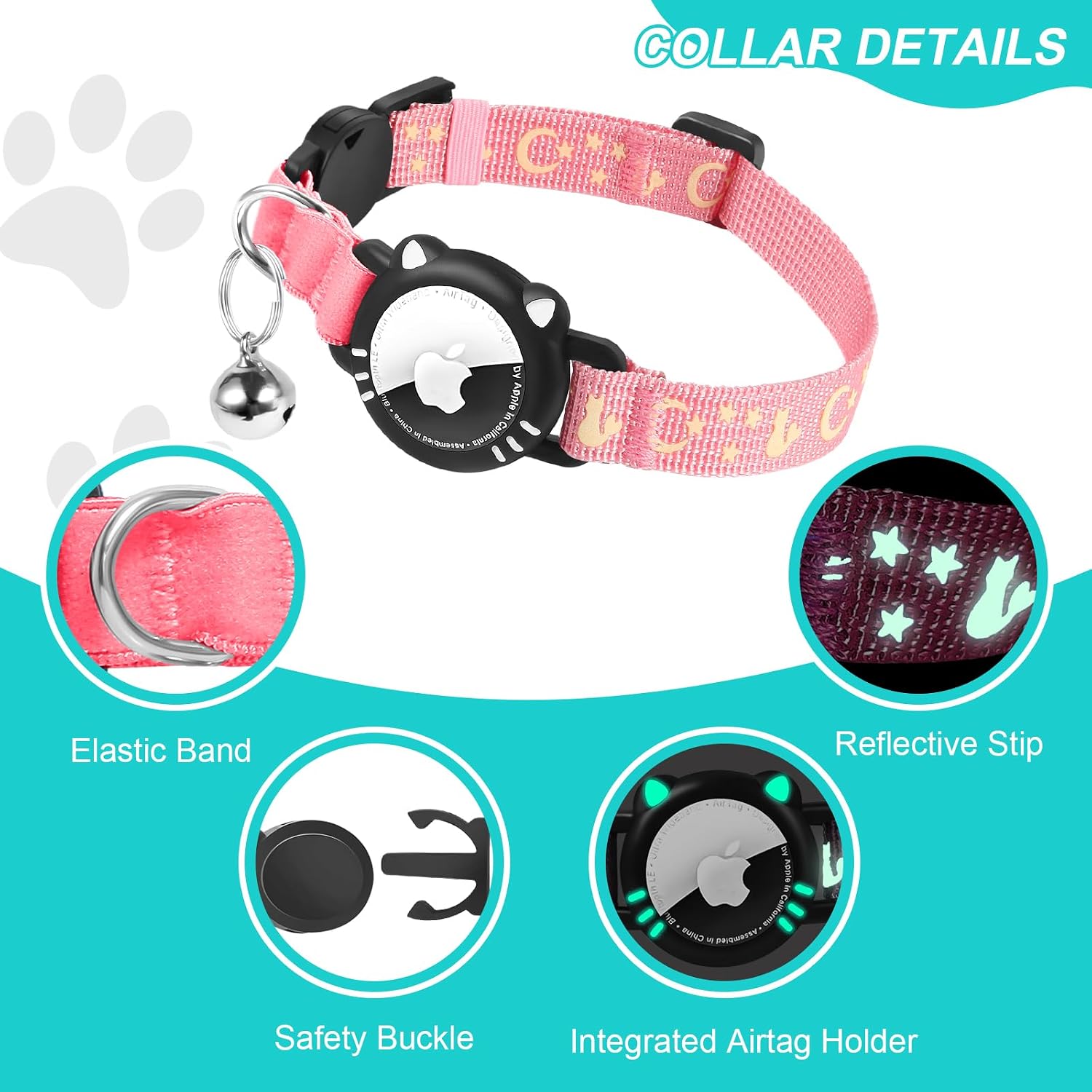 Detalle de Ytanest Reflective AirTag Cat Collar (Breakaway) with AirTag Holder, Pink, XS (7–9 inch)