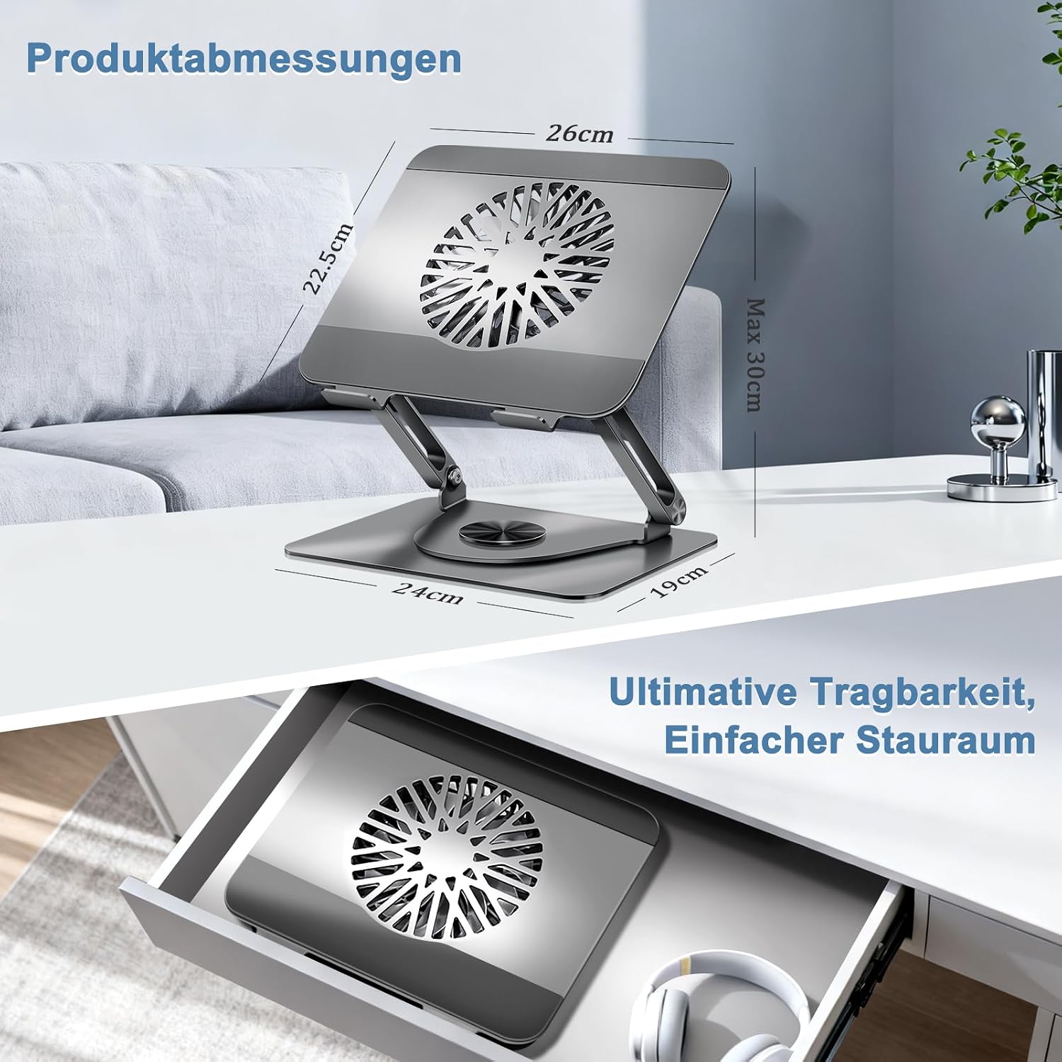 Detalle de ICARE Laptop Ständer mit Magnetischem Laptop Kühler – 2-in-1, 360° Drehbasis, 10 kg Tragkraft, 18 dB, bis 16 Zoll