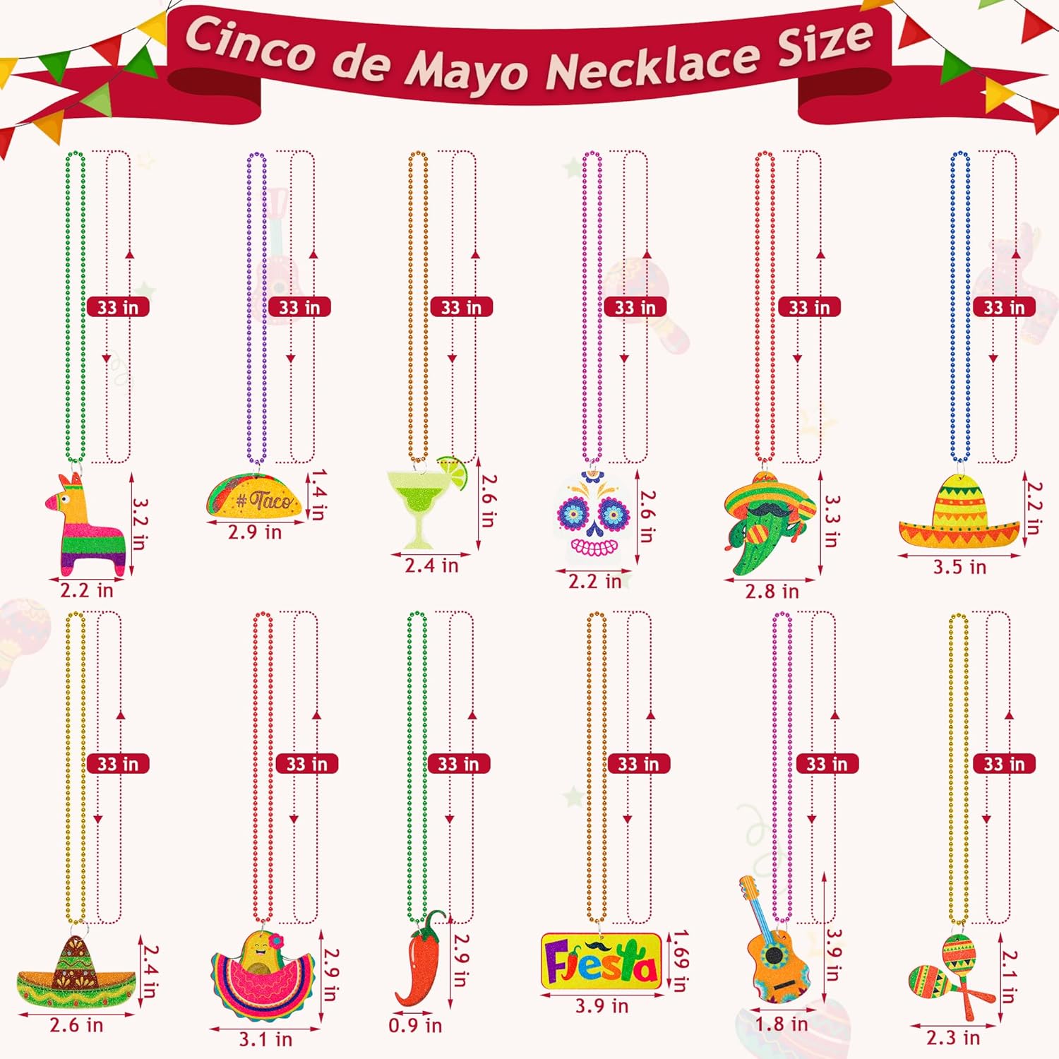 Thumbnail 1 de EOBOH Cinco de Mayo Party Favors (12 pcs) Metallic Bead Necklace Set with 12 Designs