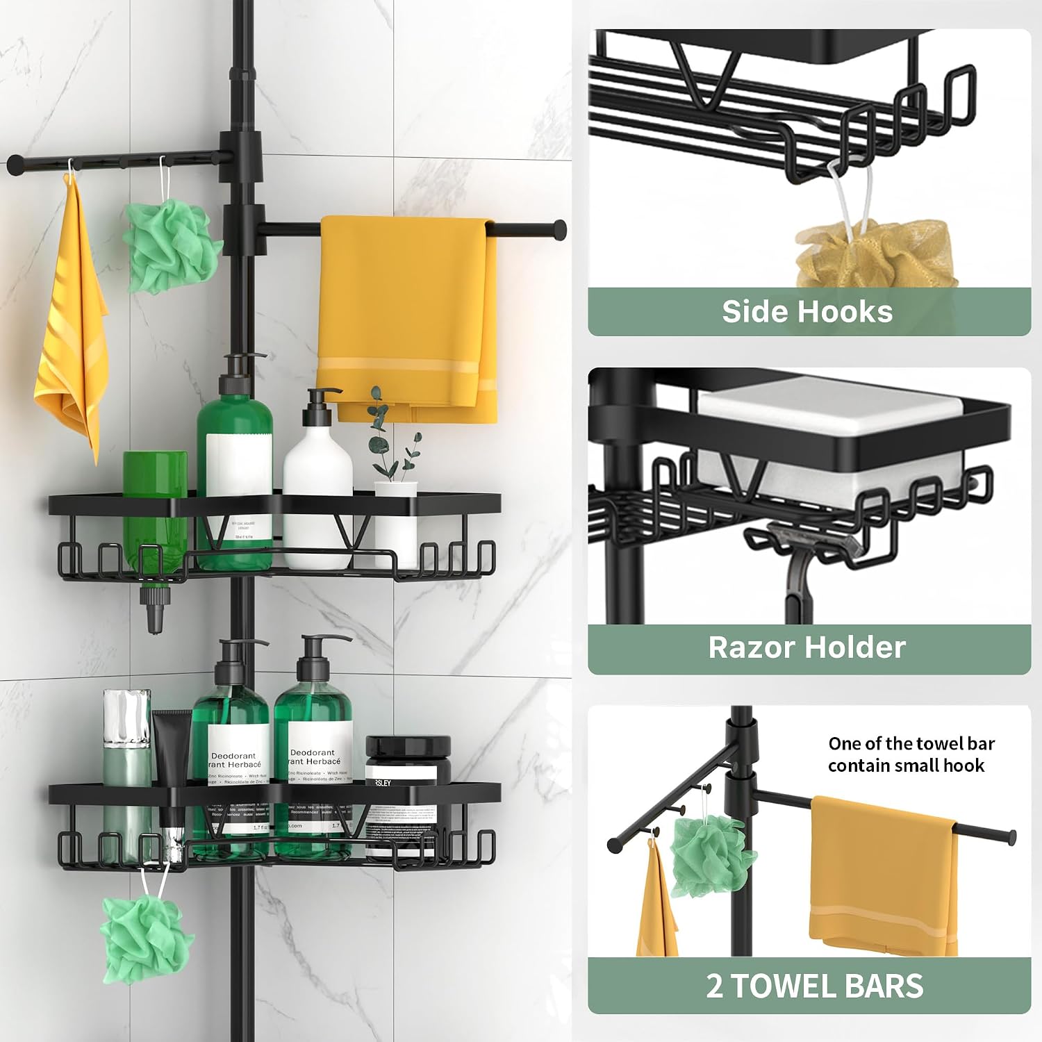 Detalle de DAOYA BSC089-DY-us Tension Pole Shower Caddy with 4 Baskets and 2 Towel Bars
