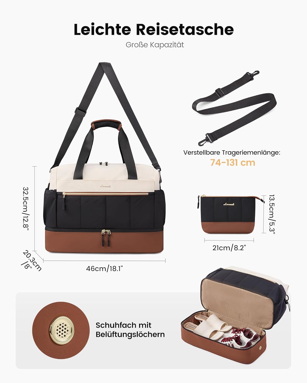 Detalle de LOVEVOOK Reisetasche Damen – Leichtes Weekender mit Schuhfach und Nassfach, 30 L, 46x20,3x32,5 cm